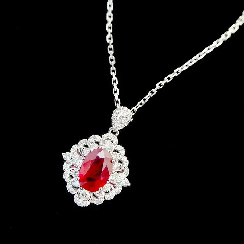 18K White Gold Luxury Necklace with Natural Ruby & Real Diamonds - Elegant Shiny Gemstone Jewelry for Women - Perfect for Weddings, Parties & Special Occasions