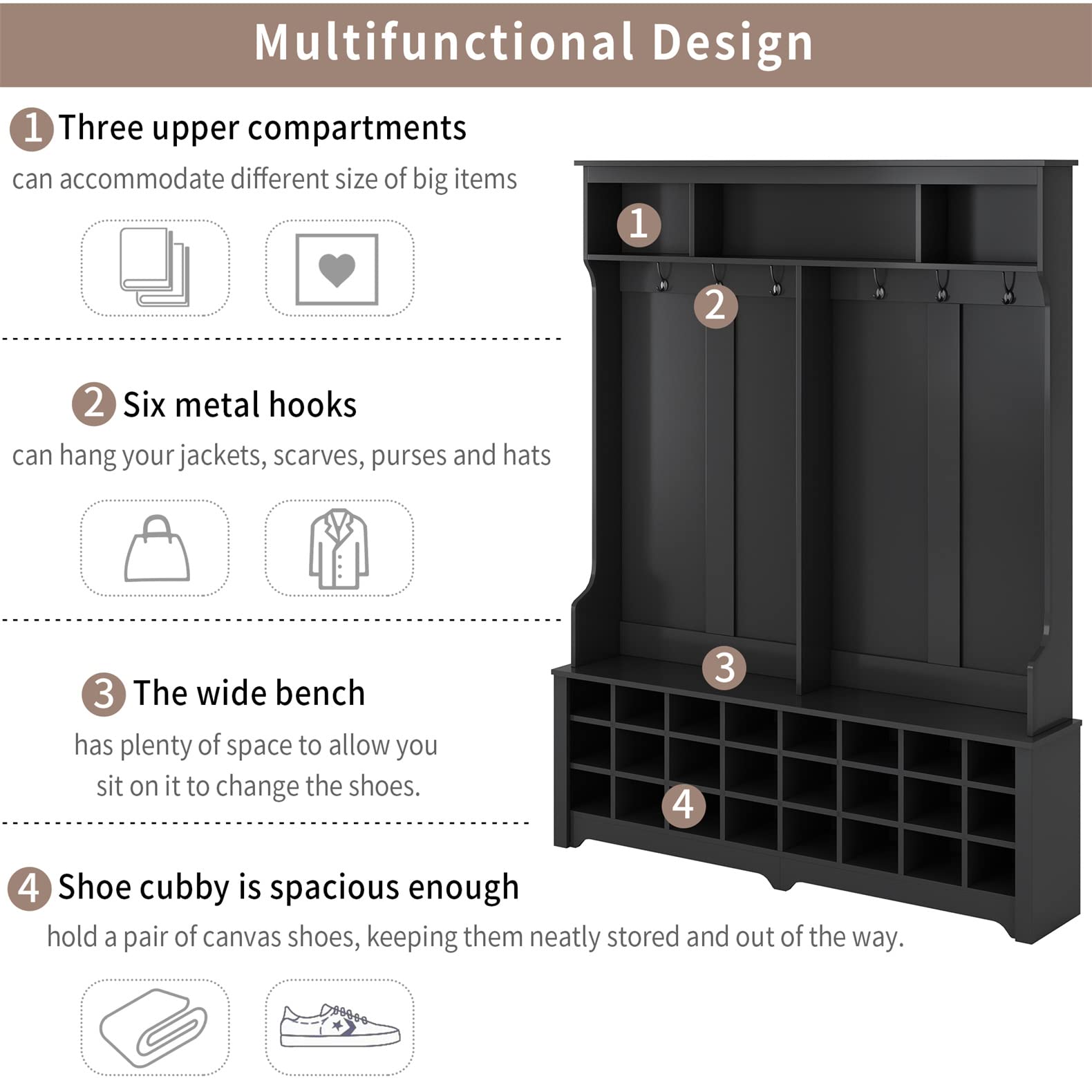 Wide Hall Tree & Shoe Storage Bench with 24 Cubbies - Wooden Coat Rack with 6 Double Hooks for Entryway & Mudroom Organization - Perfect for Small Spaces, Apartments & Home Entry Storage (Black)
