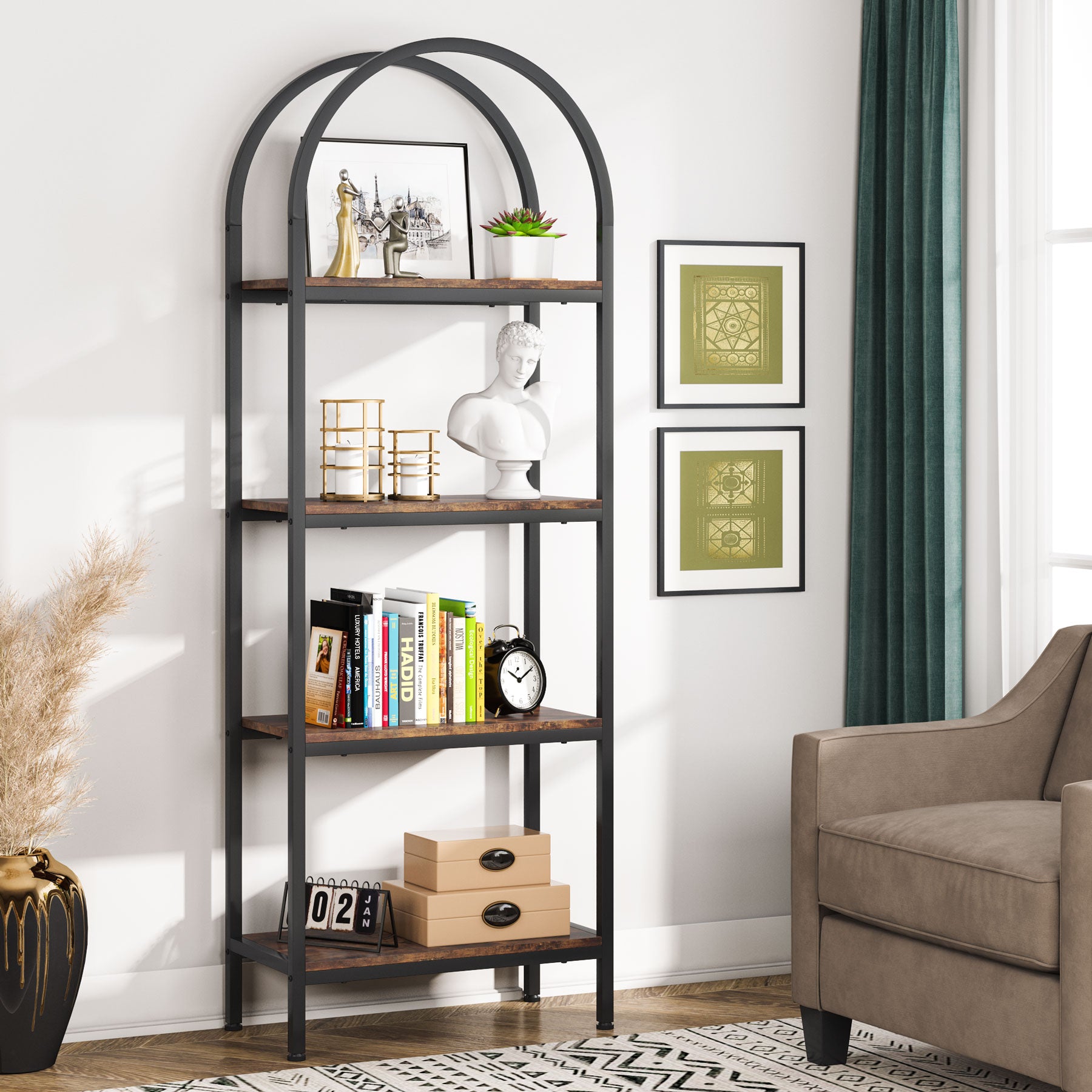 4 Tier / 5 Tier Wooden Bookshelf - Arched Bookcase Display Rack with Storage Shelves for Home Office, Living Room, Bedroom - Perfect for Organizing Books, Decor & Storage Needs