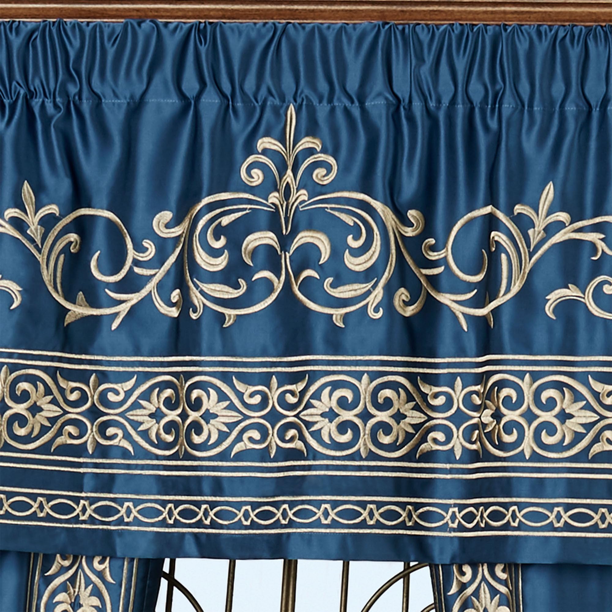 Buckingham Luxury Window Treatment Set - Royal Sapphire Blue Curtains with Elegant Golden Scrollwork Embroidery | Palace-Inspired Drapery Includes Valance & 84