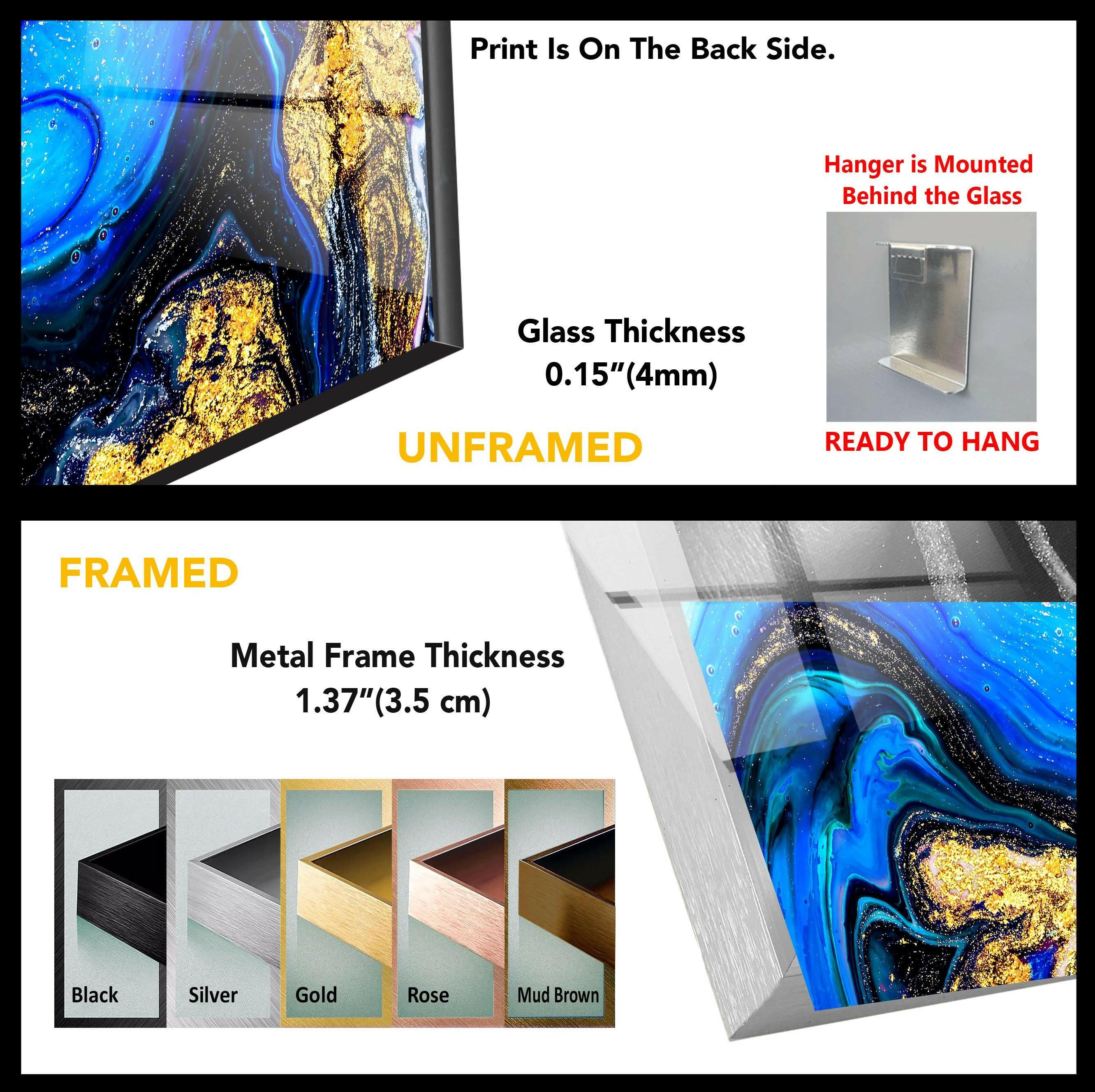 Blue Gold Marble Abstract Glass Wall Art - Modern Home Decor for Living Room, Bedroom & Office - Elegant Handmade Glass Panel for Contemporary Interior Design