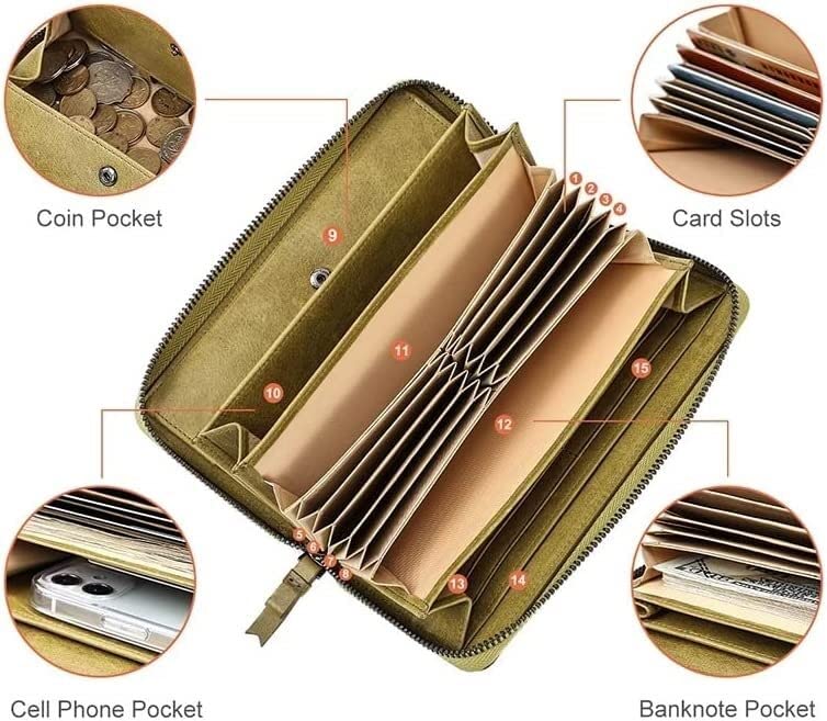 Women's Leather Wallet with Zipper - Large Capacity Long Clutch Purse for Credit Cards & Coins (20x10cm) - Perfect for Work, Travel & Evening Events (Color: A)
