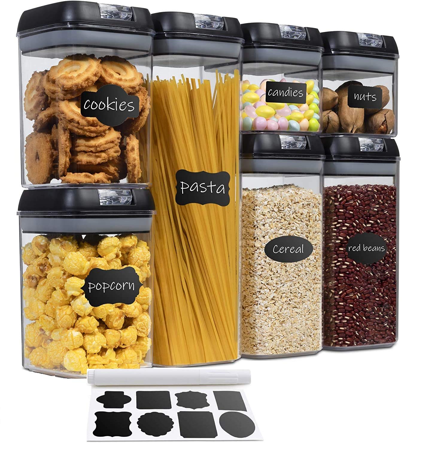7-Piece Cheer Collection Airtight Food Storage Containers Set - BPA-Free Plastic Pantry Organizers with Dry Erase Marker & Labels | Kitchen Organization, Meal Prep, Bulk Food Storage (Black)