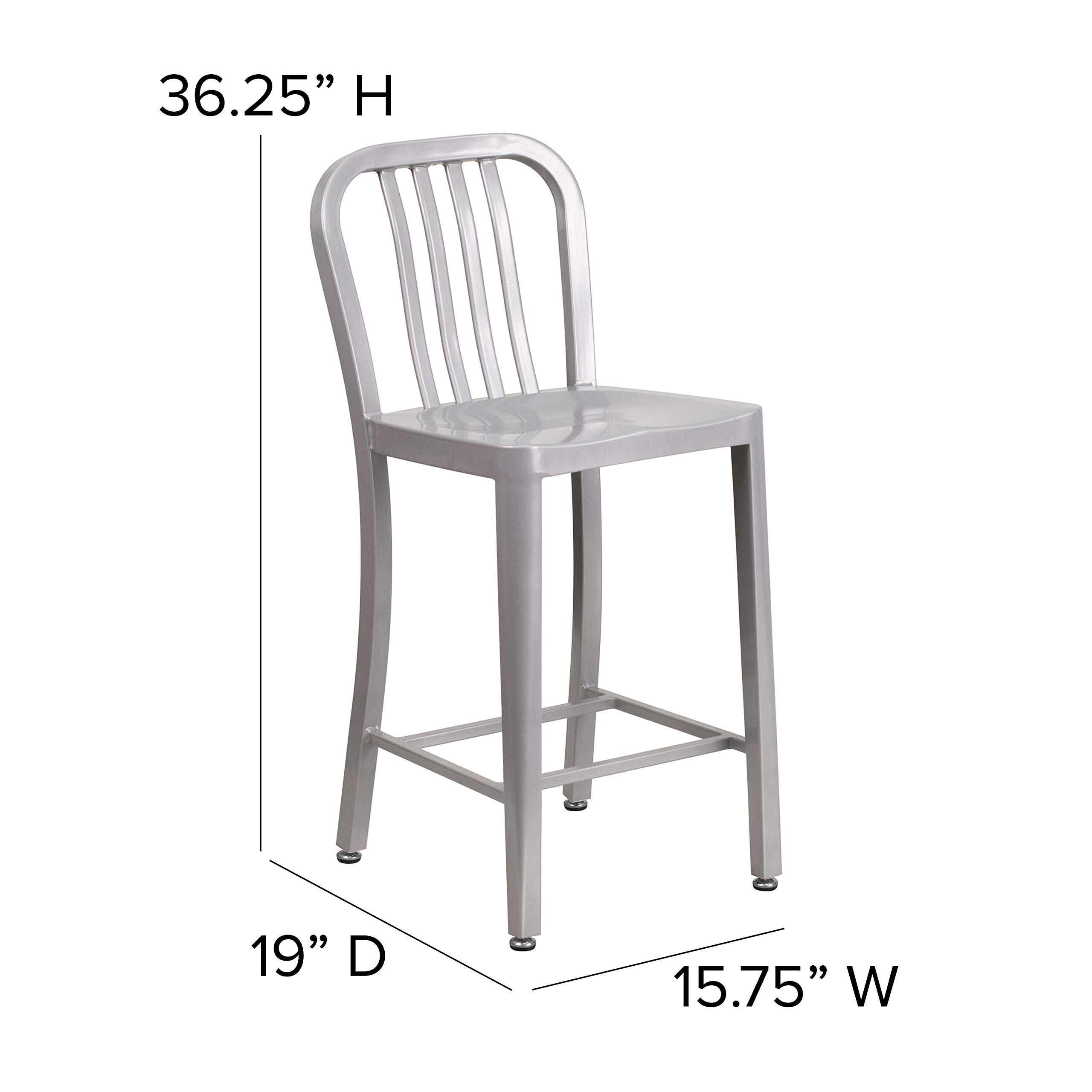 2 Pack 24 Inch Silver Metal Counter Height Bar Stools - Indoor Outdoor Use with Vertical Slat Back - Perfect for Kitchen Island, Breakfast Nook, and Patio Dining