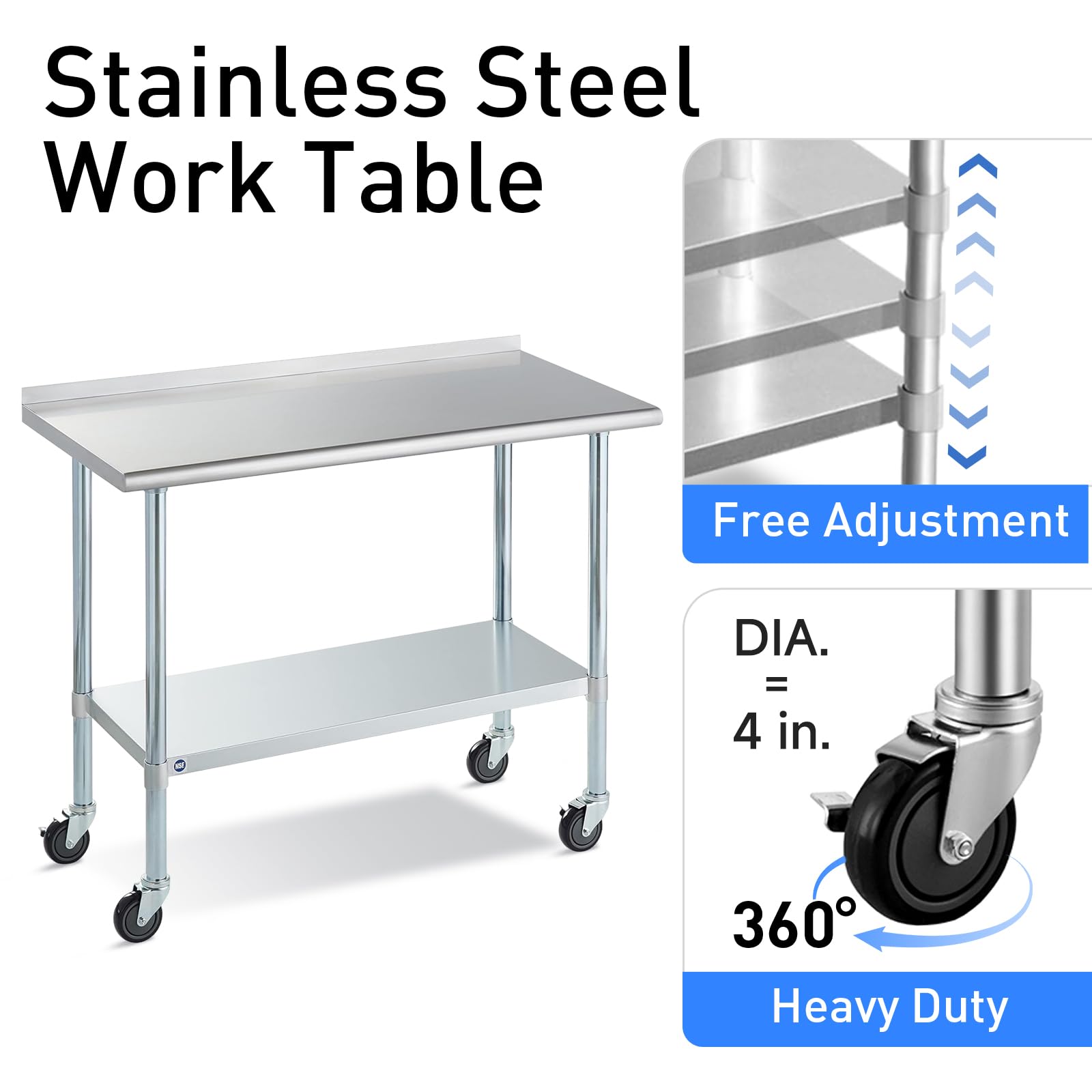 24x72 Inch NSF Stainless Steel Commercial Kitchen Prep Table with Caster Wheels, Backsplash & Adjustable Under Shelf - Heavy Duty Metal Work Table for Restaurants, Hotels & Home Kitchens | Perfect for Food Prep, Cooking & Commercial Use