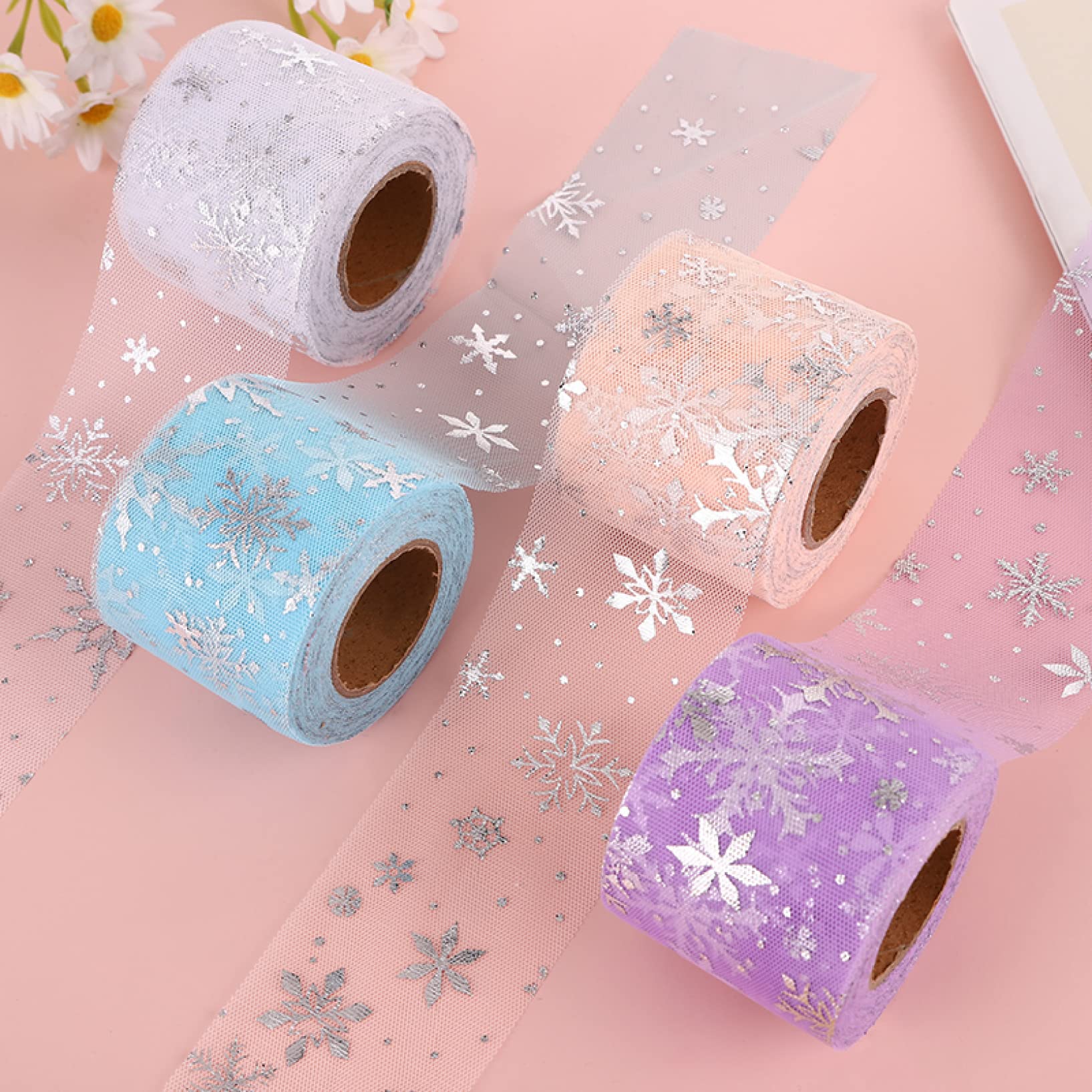 25 Yards Snowflake Printed Tulle Mesh Ribbon - DIY Sewing Fabric for Garments, Hair Clips, Tutu Skirts & Handmade Crafts | Perfect for Christmas Decorations, Wedding Favors, and Gift Wrapping