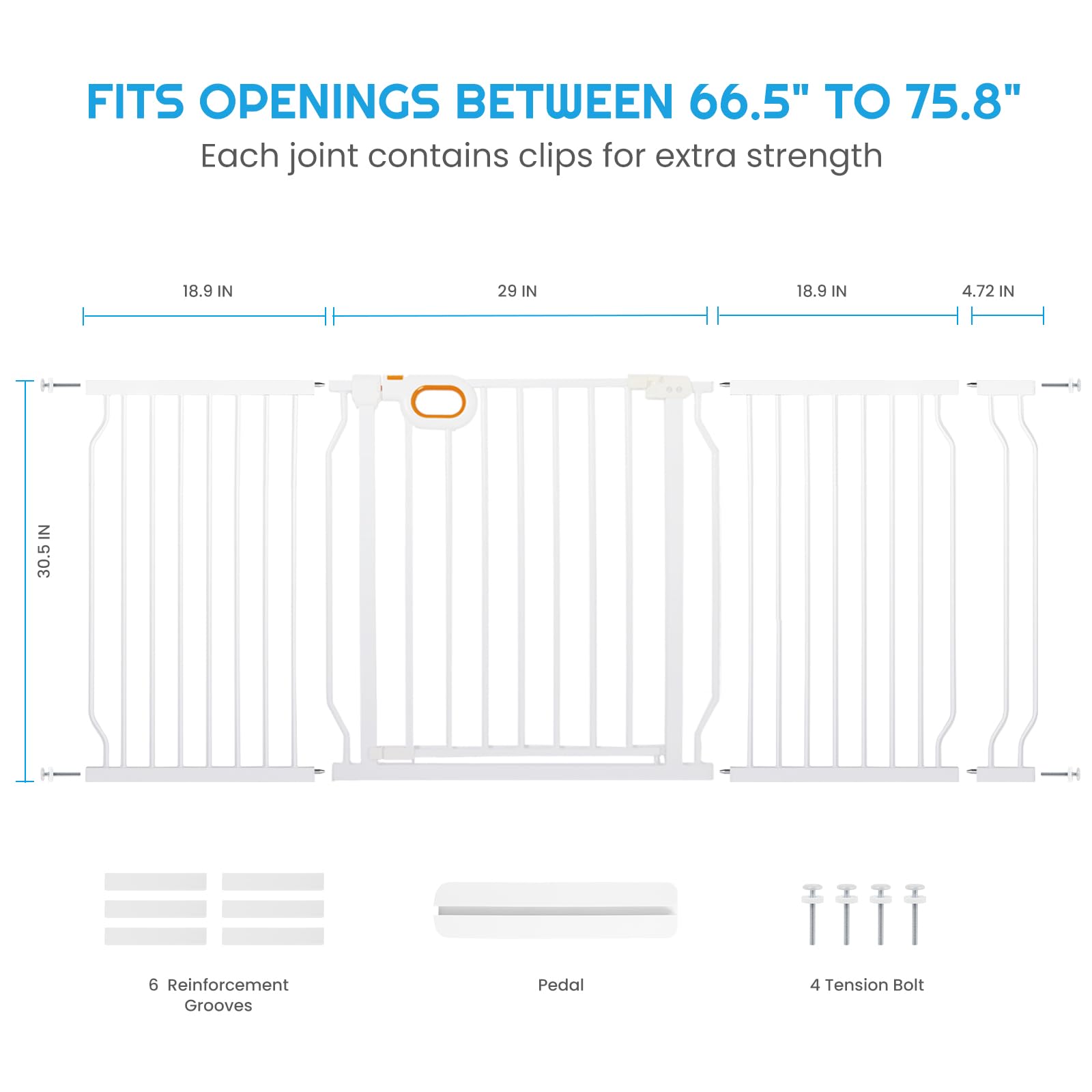 **Owlie Extra Wide Adjustable Baby Gate with Door (66-75 Inch) – Pressure Mount Safety Gate for Stairs, Doorways & Hallways – White, 30.5