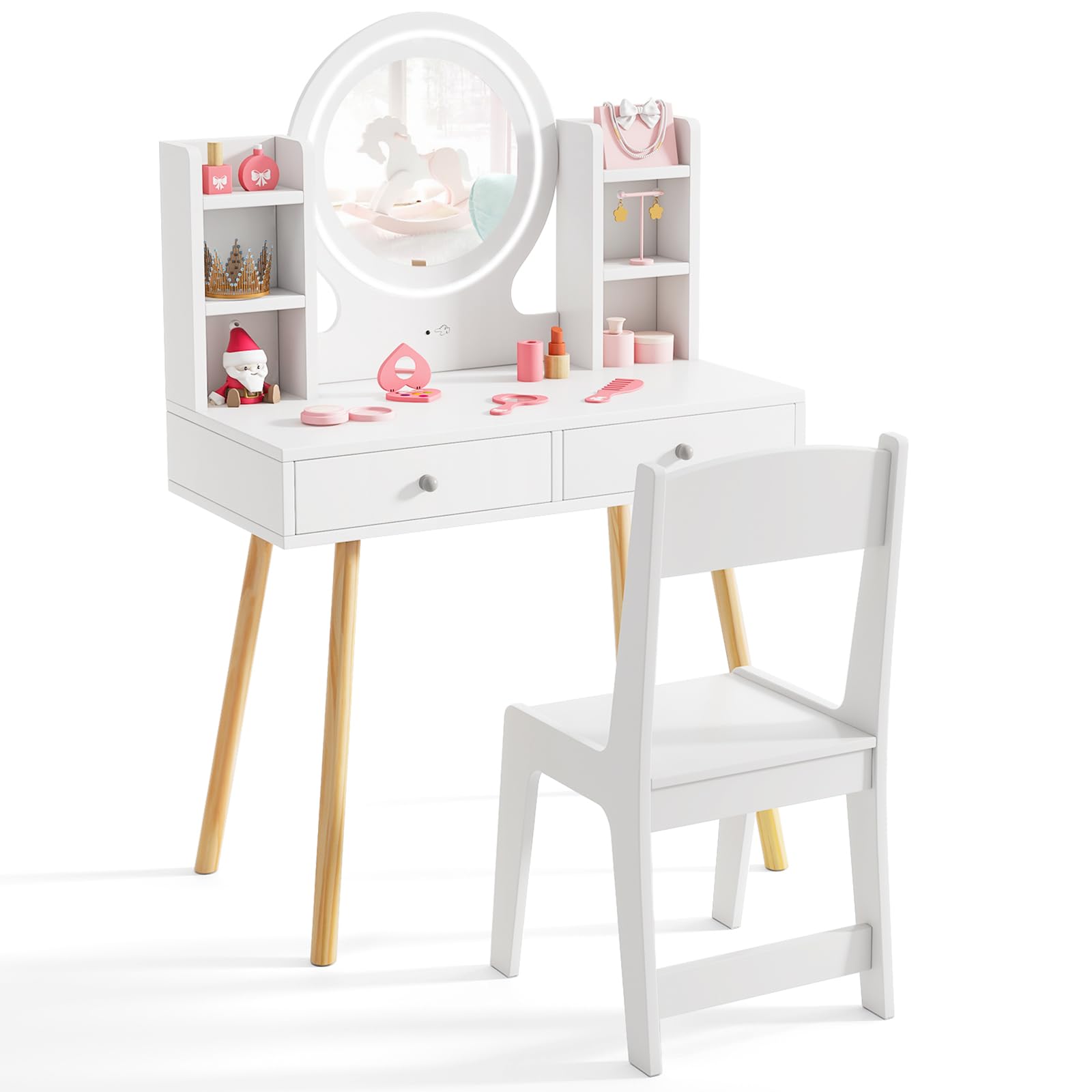 Costzon Kids Vanity Set with Mirror, Stool & LED Lights - Wooden Toddler Makeup Dressing Table with Storage Drawers & Shelves - Pretend Play Vanity Desk & Chair for Girls (White) - Perfect for Birthday Gifts, Bedroom Decor & Role Play Activities