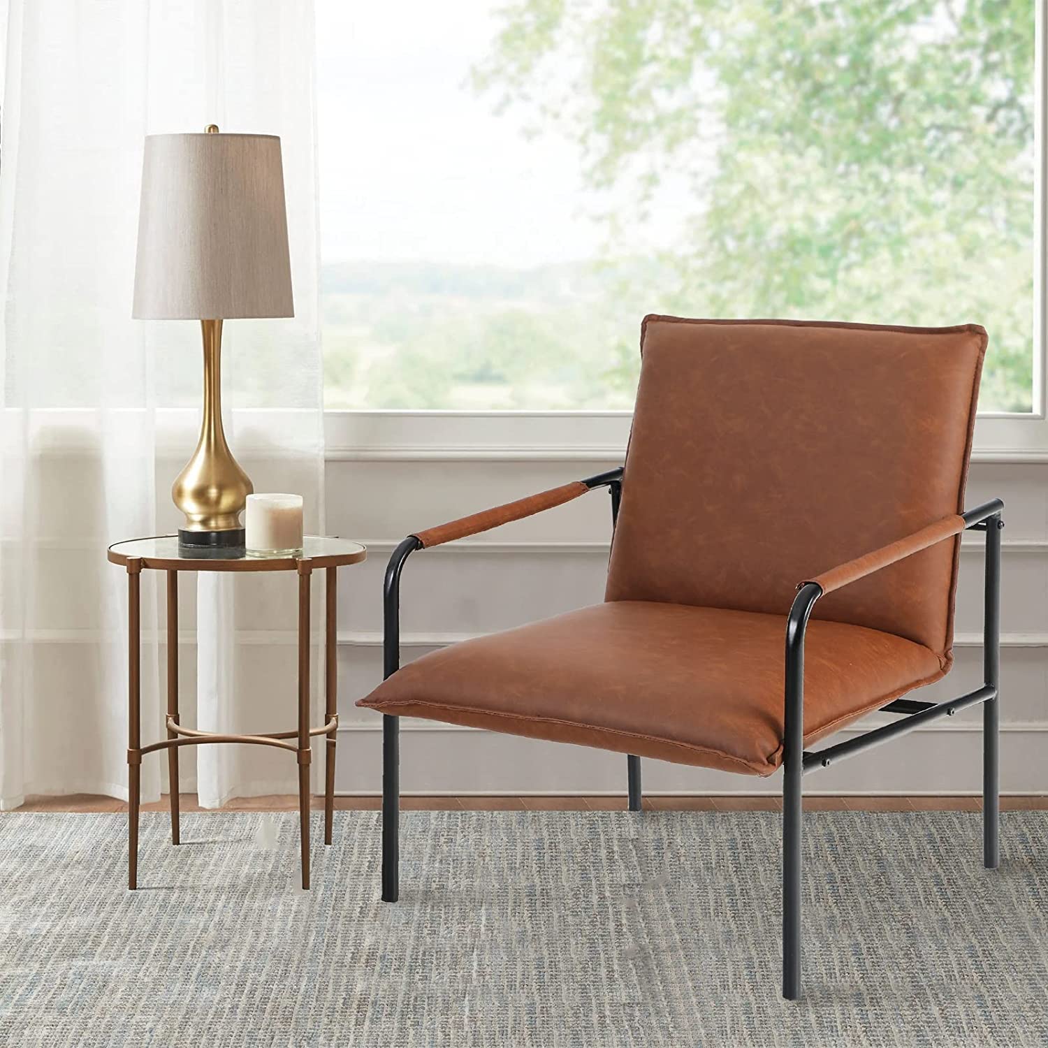MAISON ARTS Mid Century Modern Faux Leather Accent Lounge Chair - Retro Steel Frame Armchair for Living Room, Bedroom & Office - 350LBS Weight Capacity - Pale Brown - Perfect for Small Spaces, Reading Nooks & Cozy Home Decor