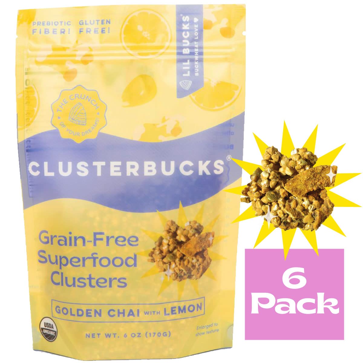 Lil Bucks Clusterbucks Grain-Free Superfood Clusters - Sprouted Buckwheat & Adaptogens, Gluten Free Healthy Snack (Golden Chai with Lemon, 6 Pack) - Perfect for On-the-Go Breakfast, Office Snacking & Post-Workout Recovery