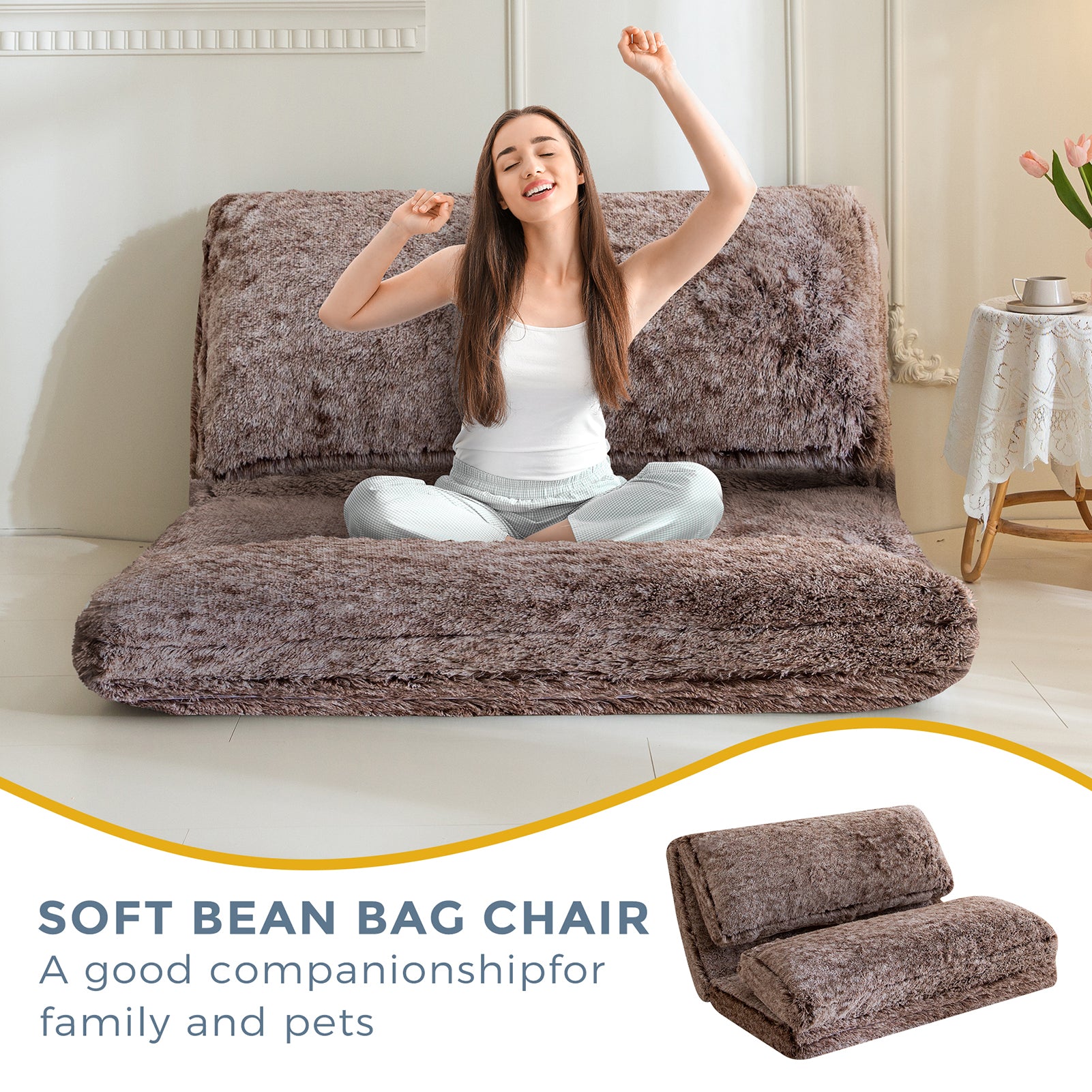 MAXYOYO Folding Bean Bag Sofa Bed - Soft Faux Fur Floor Chair with Foam Filling, Convertible Wall Couch Sleeper for Living Room, Bedroom & Dorm | Perfect for Lounging, Gaming & Extra Guest Sleeping