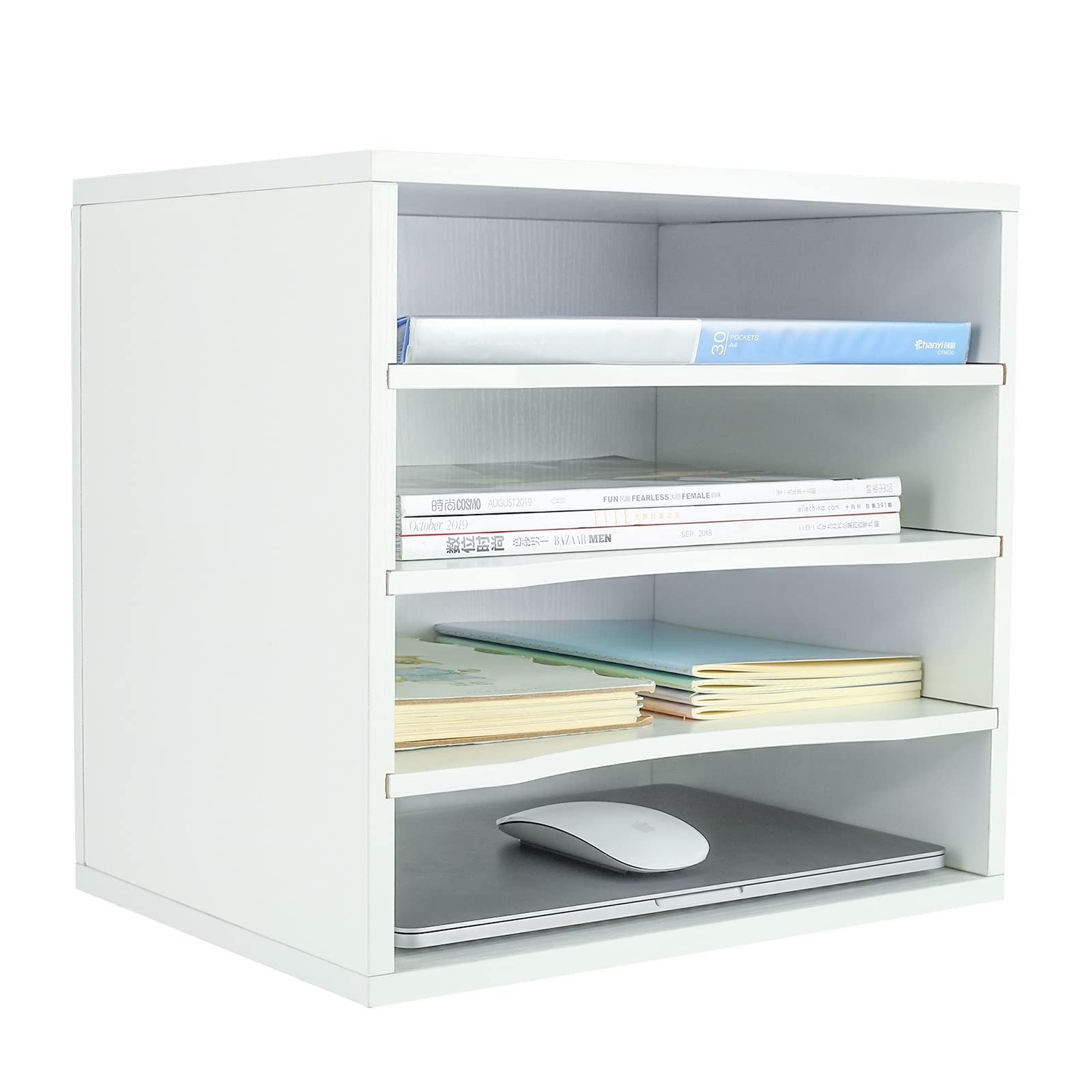 Wooden Mail Sorter Organizer - 4 Compartment Desktop File Holder for Office, Home & School | Paper Bill Organizer | Countertop Literature Sorter (White) | Perfect for Office Desks, Home Offices & Classroom Organization