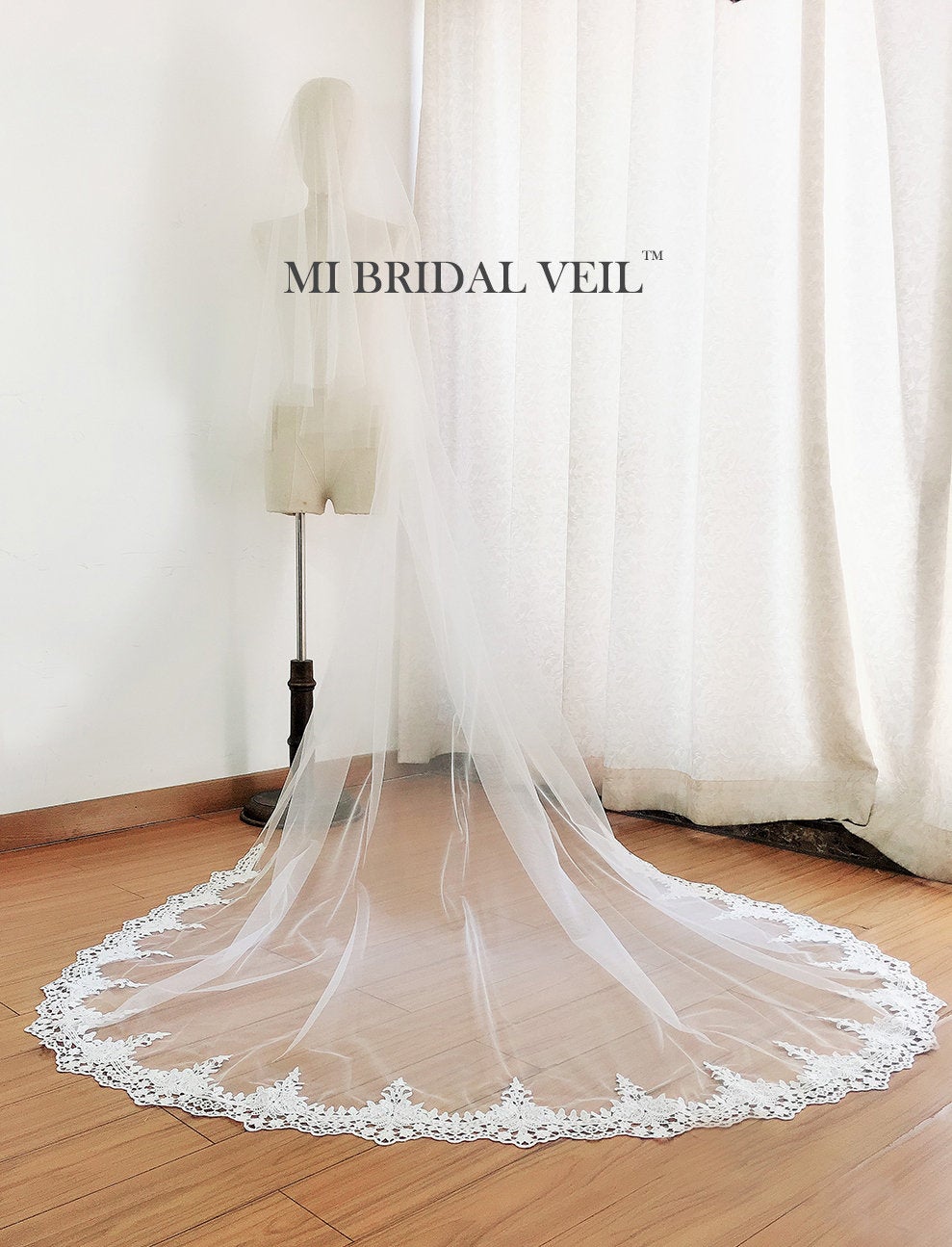 Elegant Cathedral Wedding Veil with Blusher | Venice Lace Trim | Mi Bridal Collection | Perfect for Bridal Showers, Church Weddings & Formal Ceremonies