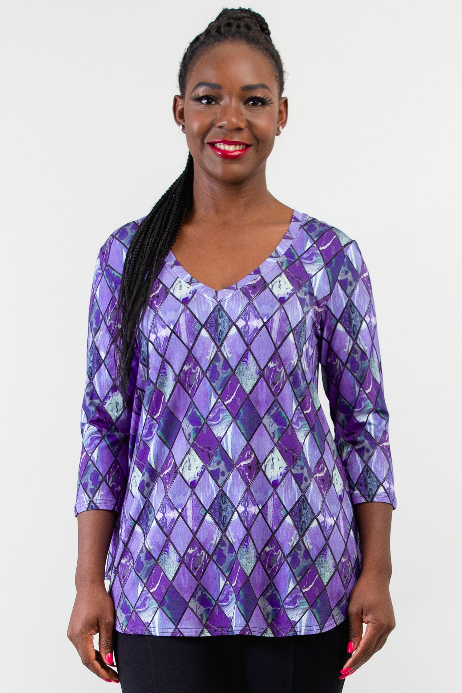 Jackie 3/4 Sleeve Women's Tops - Soft Bamboo Fabric in Violet Windowpane Print - Breathable & Comfortable for Yoga, Workout & Casual Wear - Final Sale