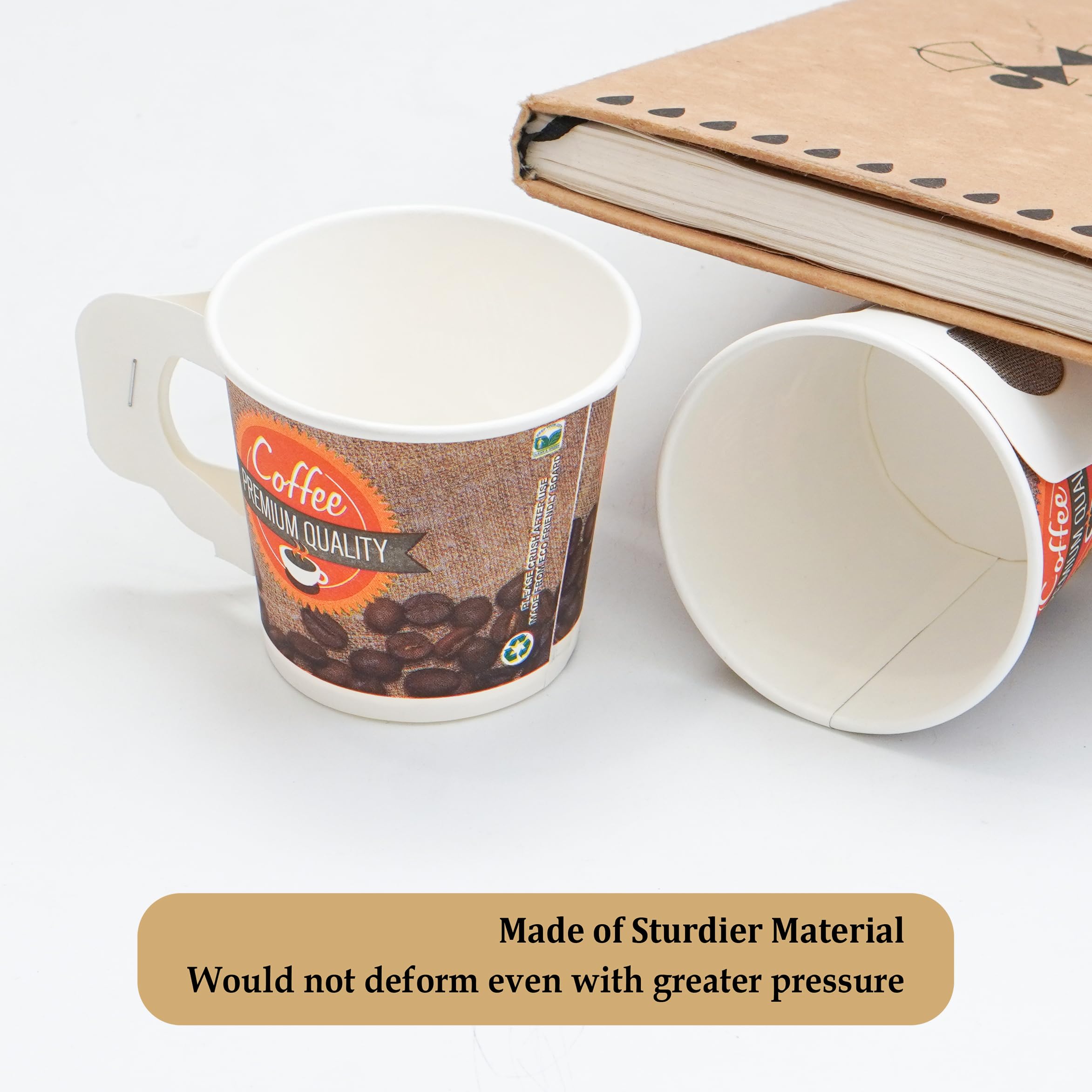 PARICOTT - 100 Pack Disposable Coffee Cups 150ml, Printed Paper Tea/Coffee Mugs, Eco-Friendly Recyclable Single-Use Drinkware for Office, Parties, Picnics & Catering Events - Multicolor Handle Cups