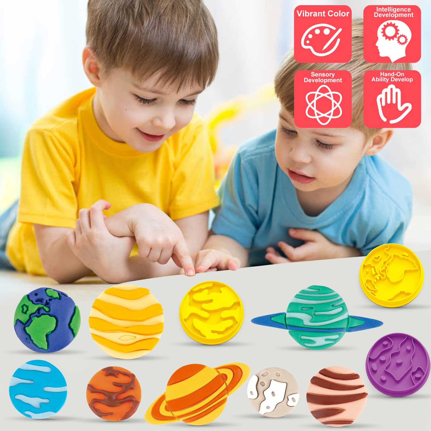 VConejo 14-Piece Planets Themed Play Dough Set for Kids Ages 2-8 - Non-Toxic Modeling Clay Kit with Tools & Accessories for Creative Play - Perfect for Preschool Learning, Sensory Development & Birthday Gifts