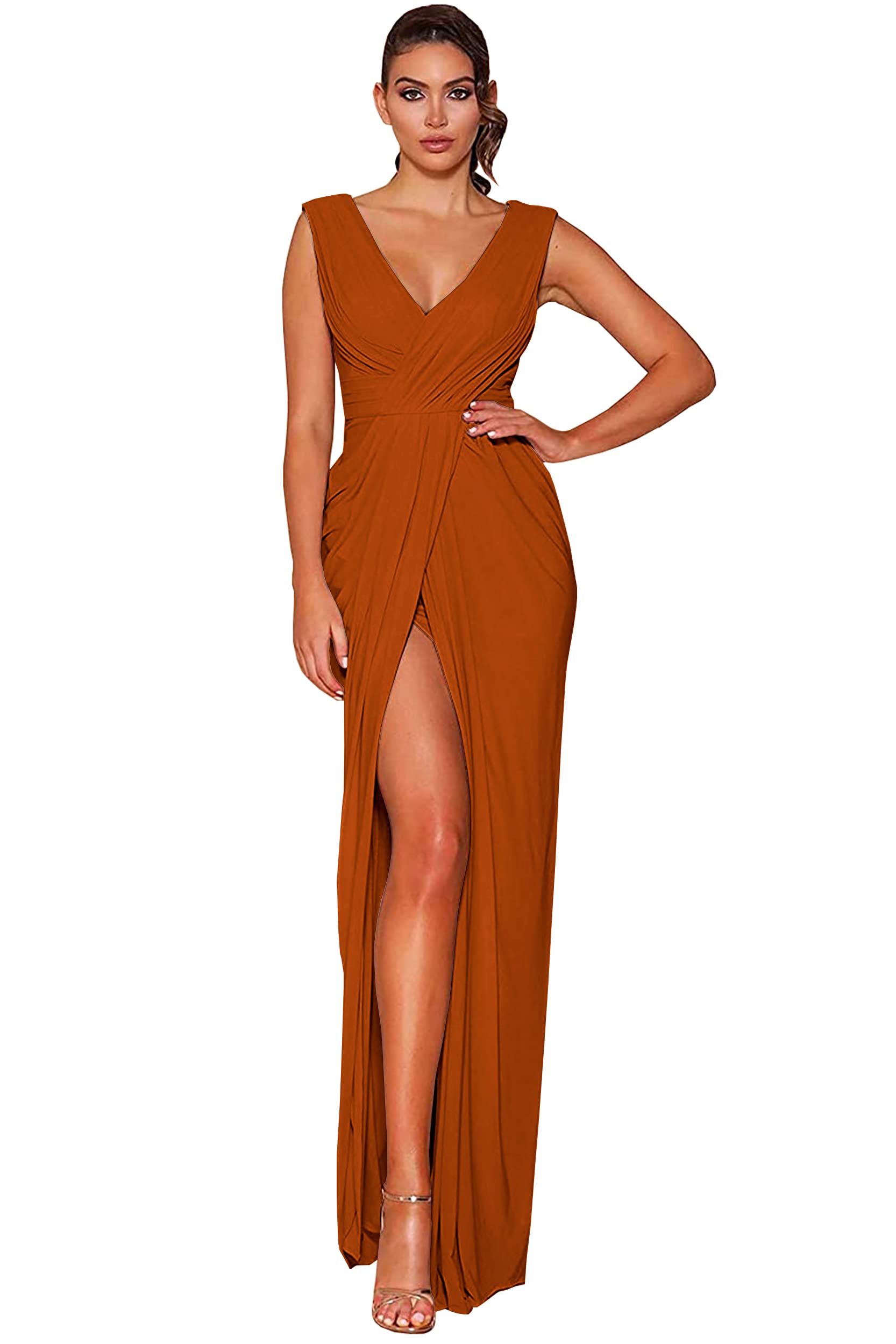 Elegant V-Neck Chiffon Bridesmaid Dress with High Slit - Long Formal Evening Gown for Women | Perfect for Weddings, Proms, and Special Occasions