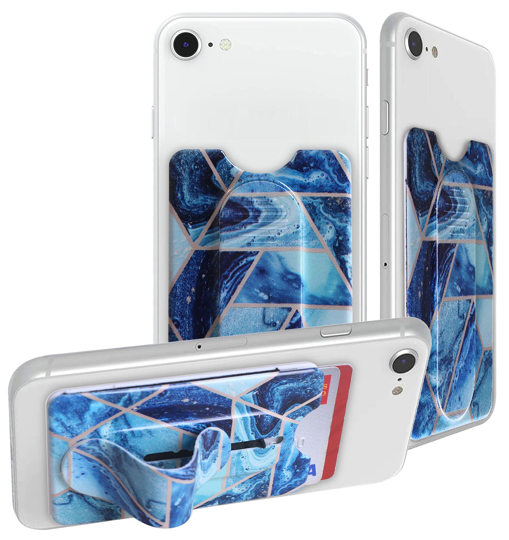Detachable Phone Wallet with Kickstand & Finger Grip - Wireless Charging Compatible for iPhone & Smartphones (Blue Marble) - Perfect for Selfies, Hands-Free Viewing & On-the-Go Charging