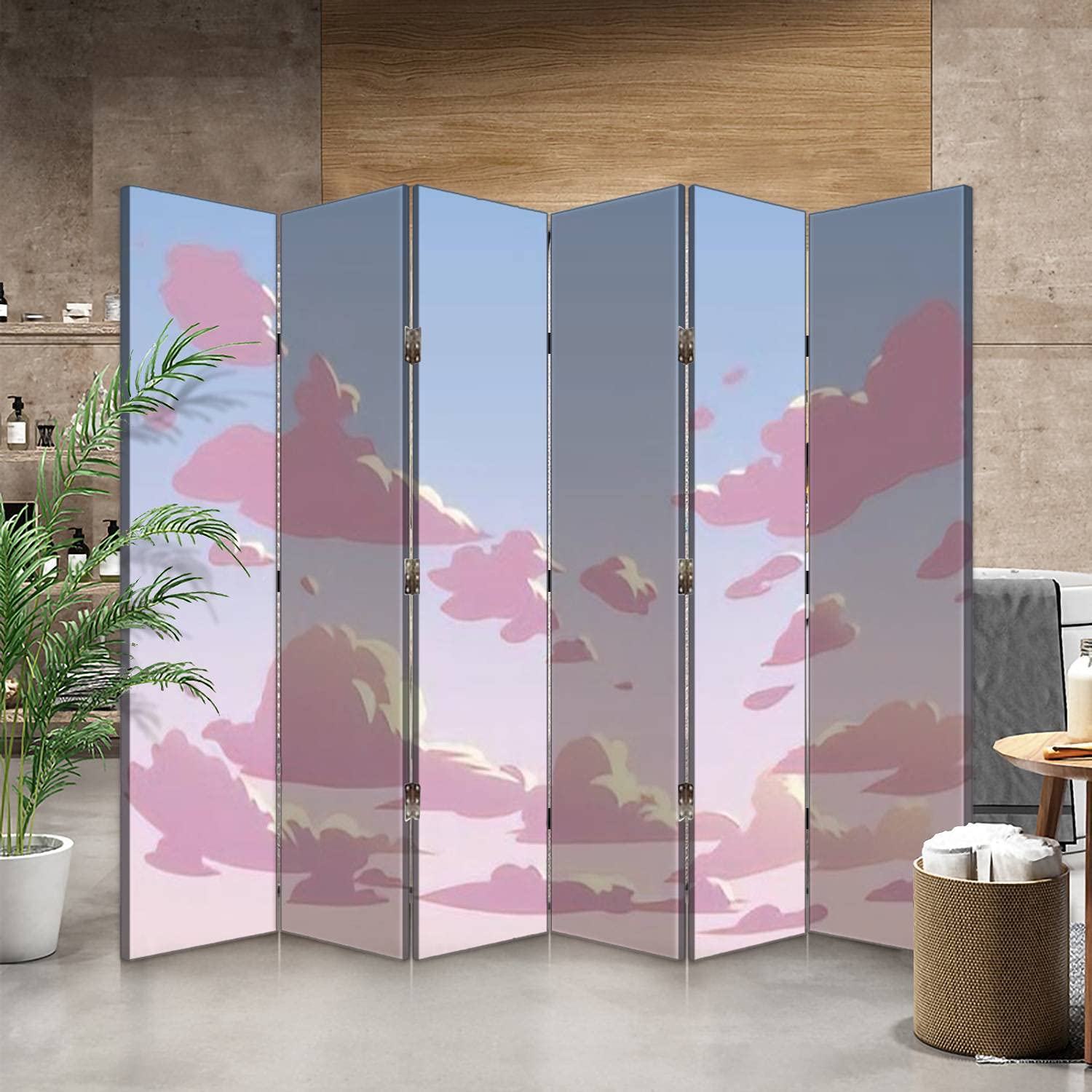 Anime Pink Sky Clouds Canvas Room Divider Screen - 6 Panel Folding Privacy Partition for Bedroom, Office & Studio - Lightweight Portable Room Separator Wall Decor