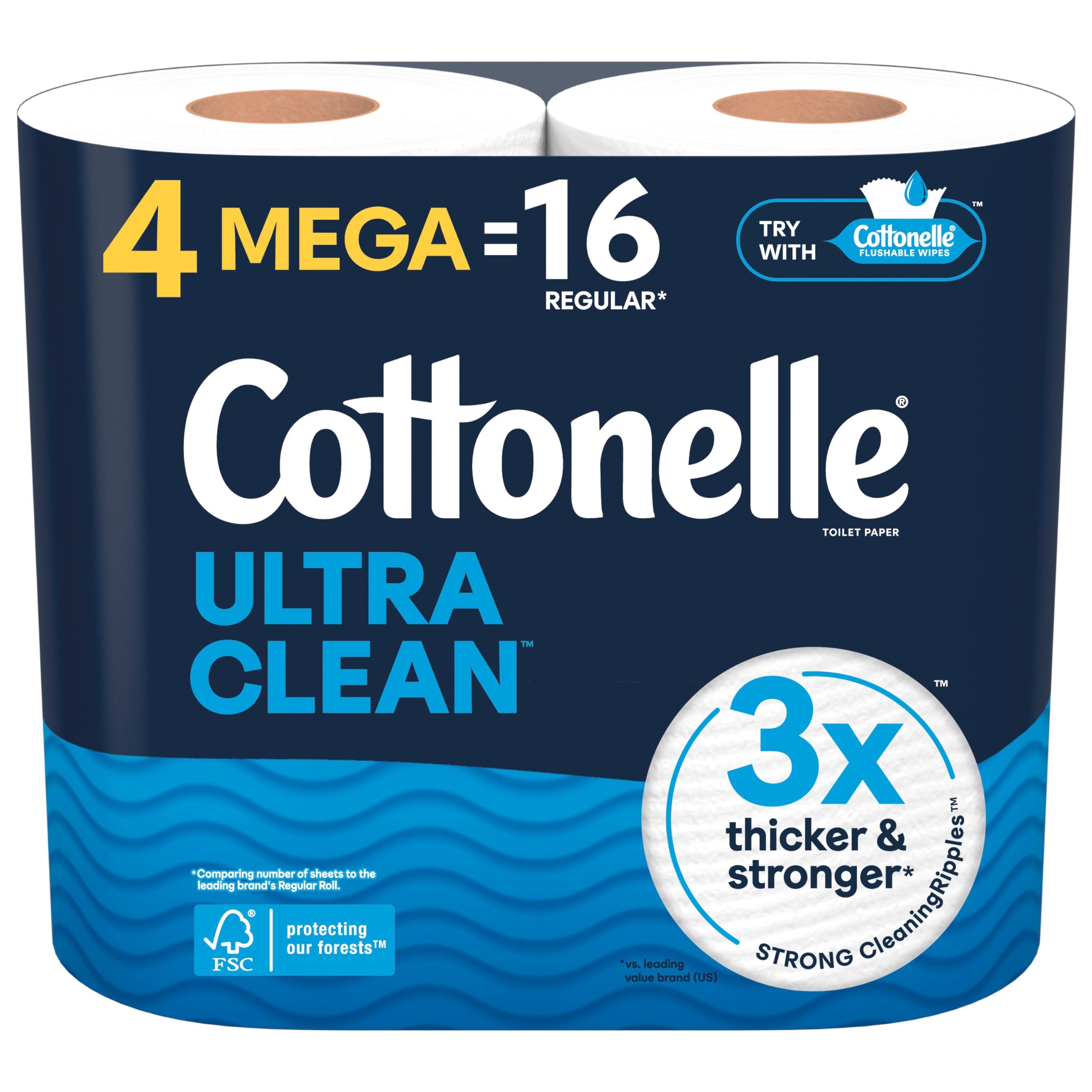 Cottonelle Ultra Clean Toilet Paper - 4 Mega Rolls (Equivalent to 16 Regular Rolls) | 284 Sheets Per Roll | Soft & Strong Bathroom Tissue for Home & Office Use | Packaging May Vary