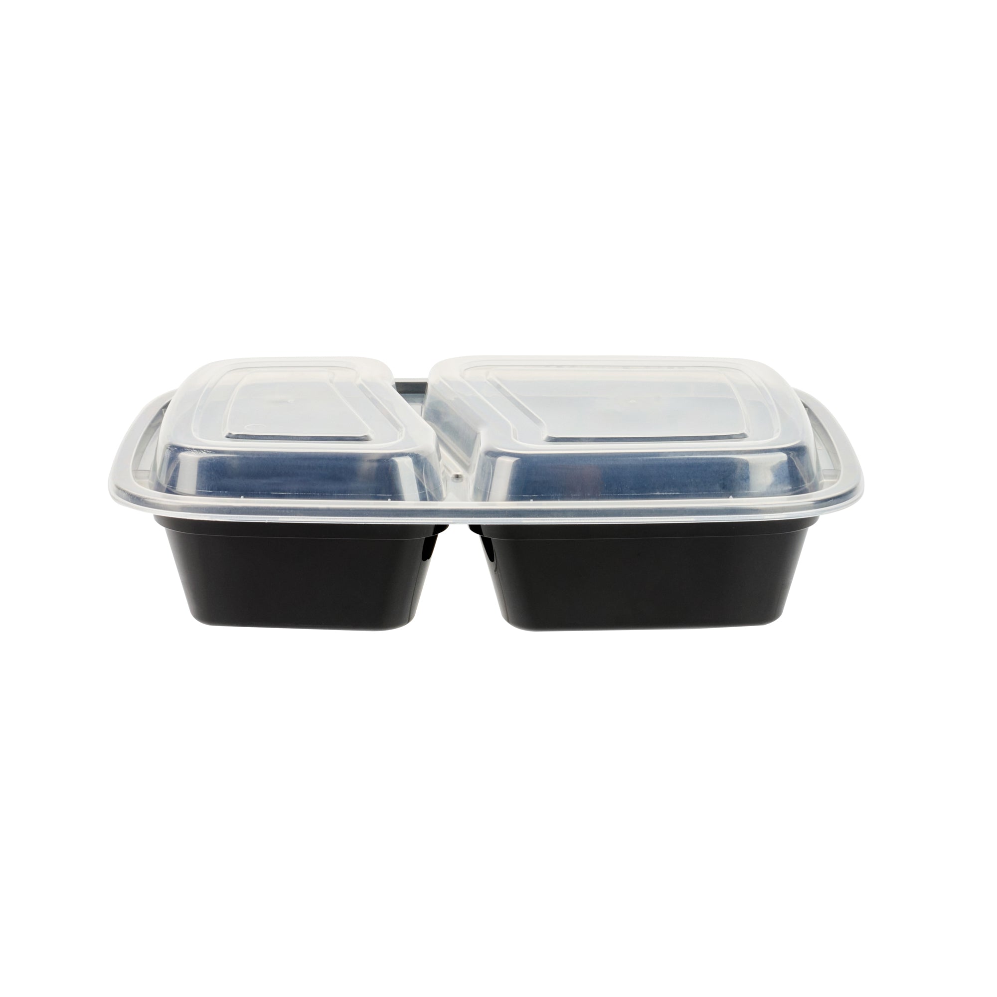32 oz Black Plastic 2 Compartment Food Storage Containers with Clear Lids - Microwave Safe, 8.75