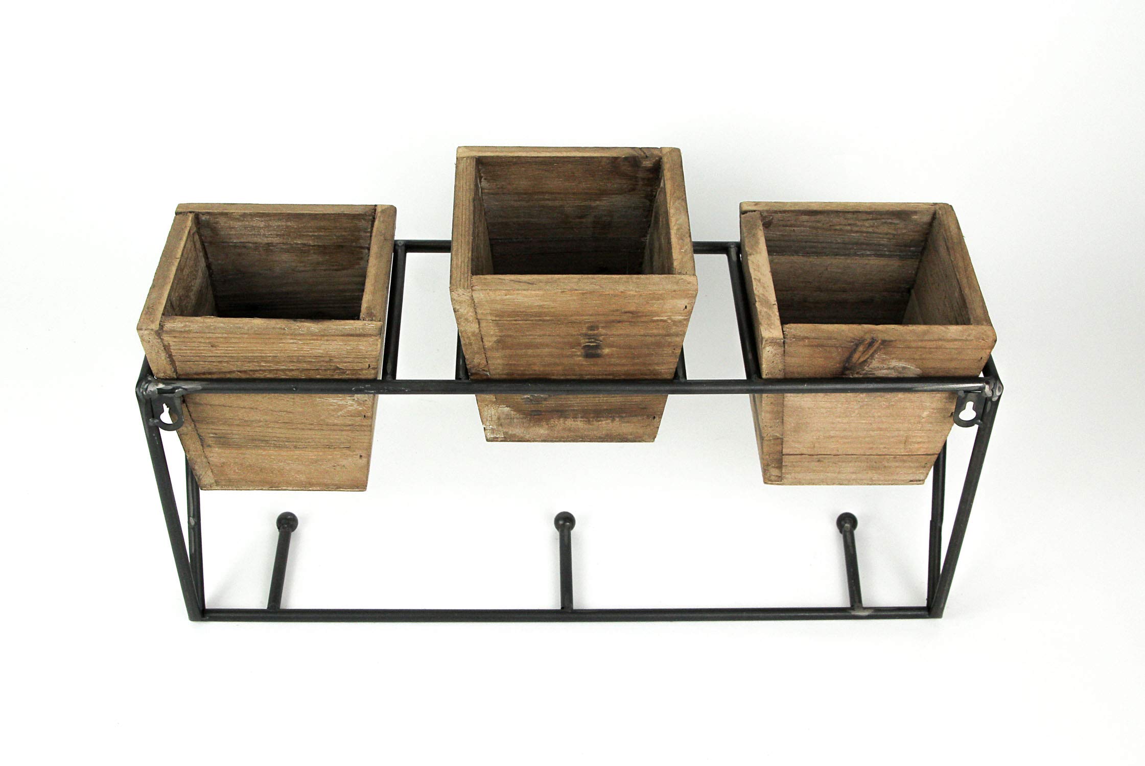 Things2Die4 Wood and Wrought Iron Triple Planter Wall Hook Rack - Hanging Flower Pots, Herbs & Garden Decor for Patio, Balcony & Indoor Plant Display