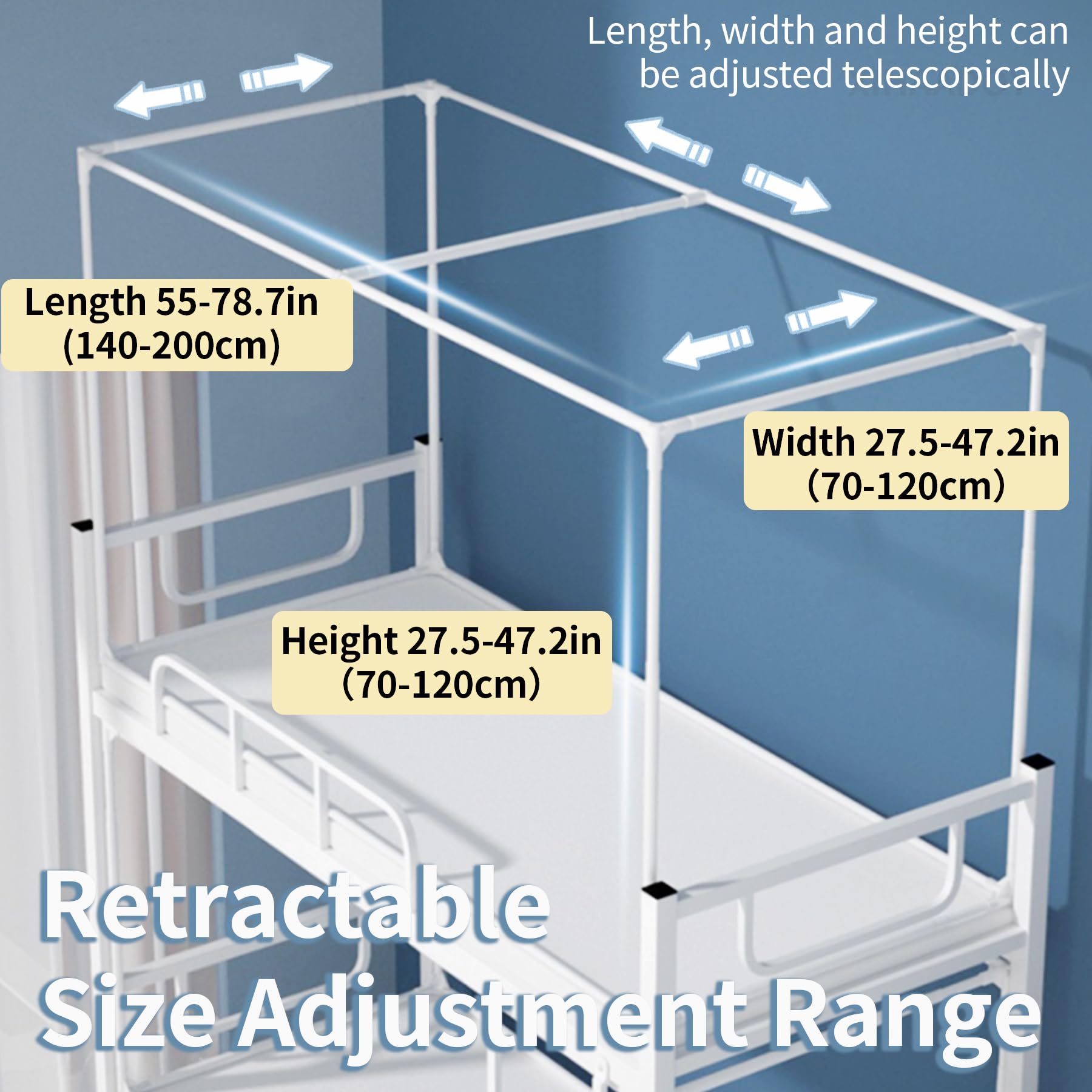 Twin Bunk Bed Tent Canopy - 4 Corner Post Frame with Retractable Design for Top Bunk | Dorm Room Decor & Kids' Sleep Fort | Perfect for College Students & Children's Bedrooms