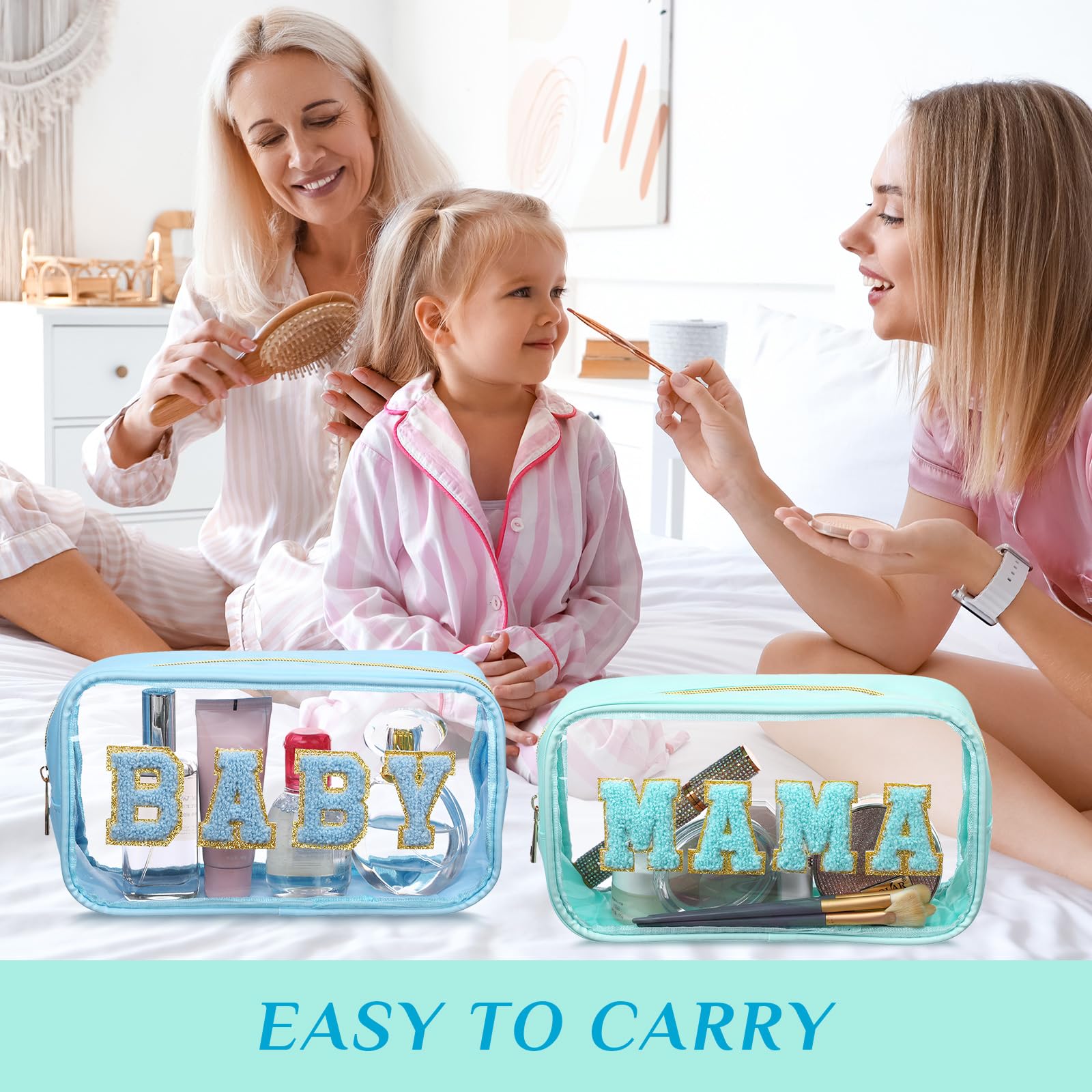 4-Piece Clear Chenille Letter Travel Toiletry Bag Set - Waterproof Zippered Cosmetic Pouch for Mom & Baby, Diaper Organizer, Makeup Storage - Perfect for Airplane, Gym, Beach & Baby Essentials (Fresh Color)