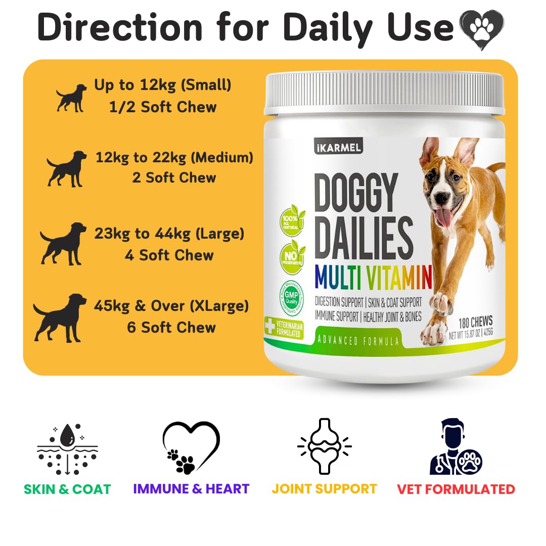 Doggy Dailies Multivitamin for Dogs - Skin & Coat Care, Probiotics & Joint Support with 24 Essential Vitamins & Minerals - Puppy to Senior Dog Supplement for Daily Health & Wellness