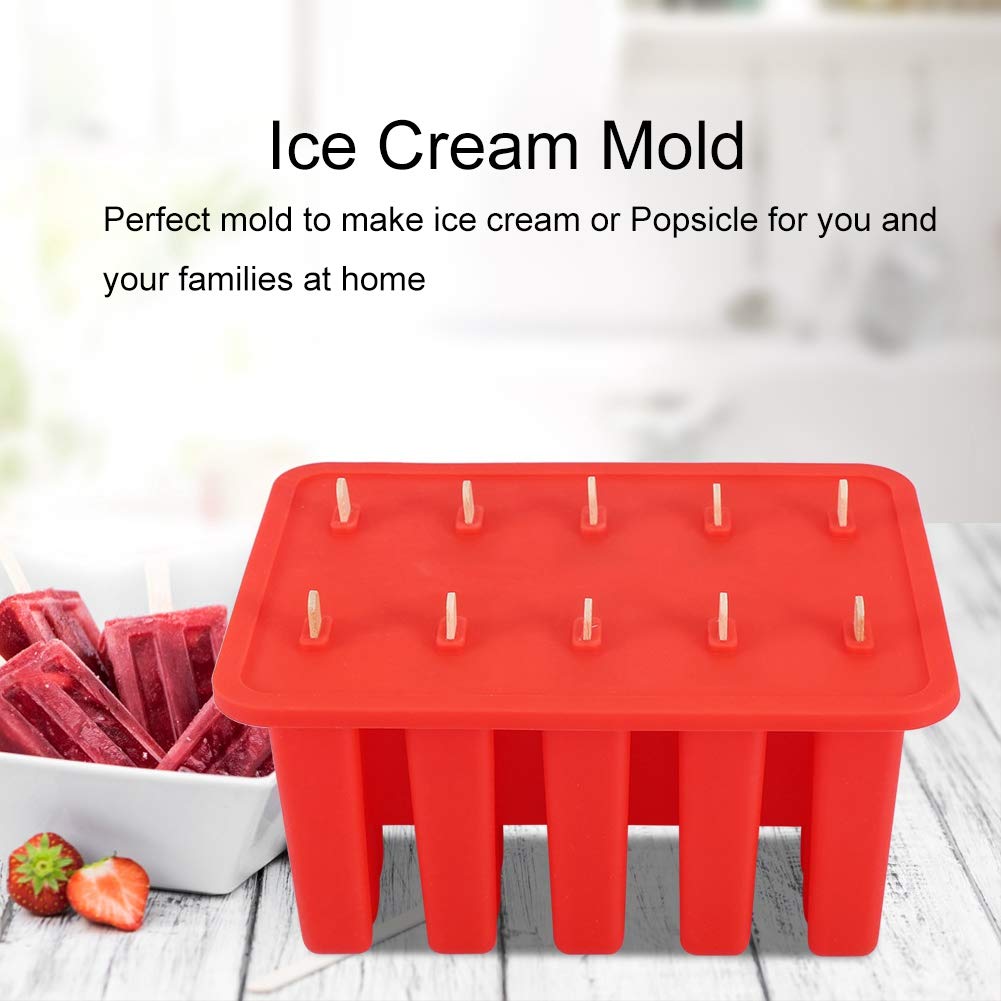 10-Cell Gel Ice Cream Maker with 50 Sticks (Red) - Perfect for Homemade Ice Cream, Summer Treats & Kids' Parties