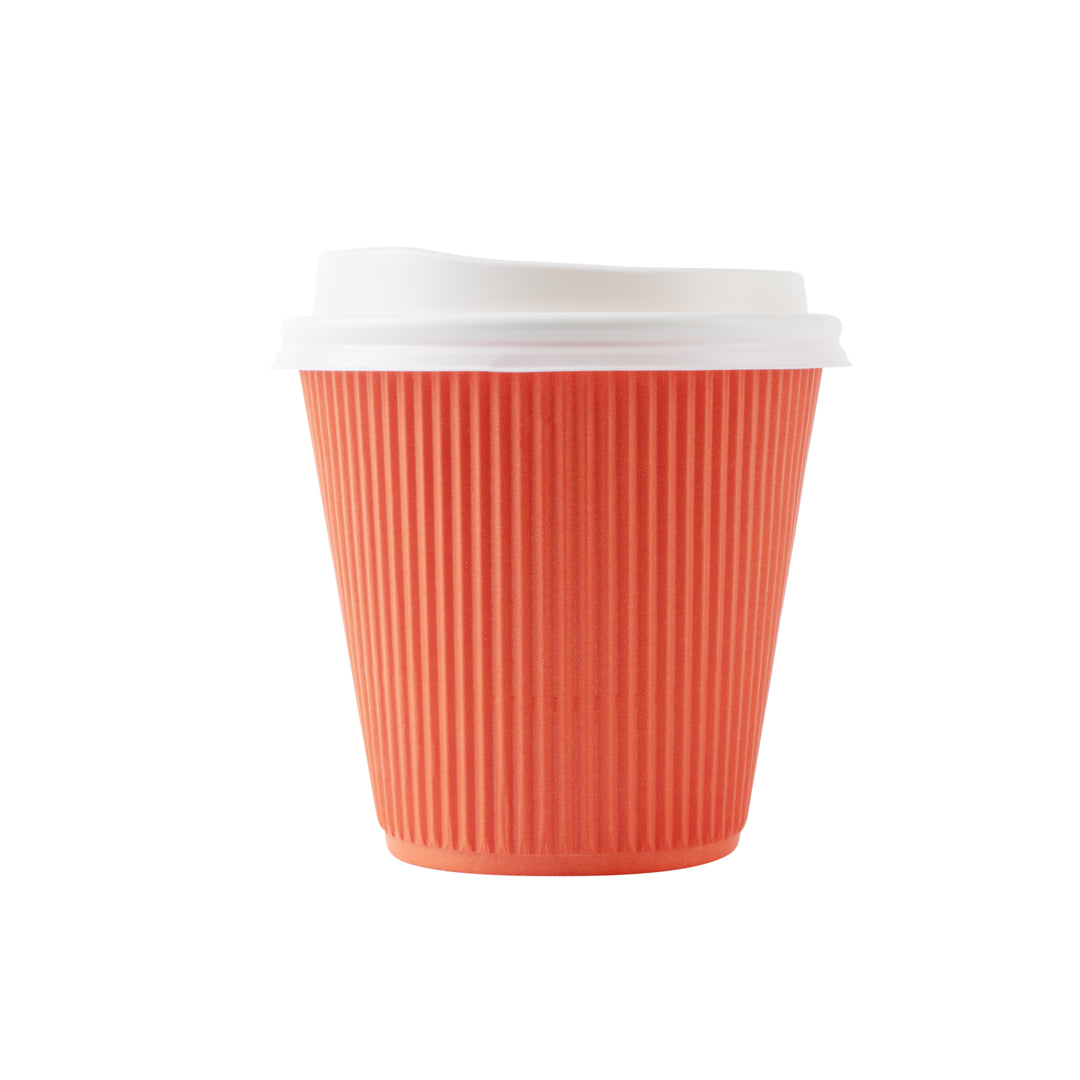 8 oz Tangerine Orange Ripple Wall Paper Coffee Cups with White Lids - 3.5