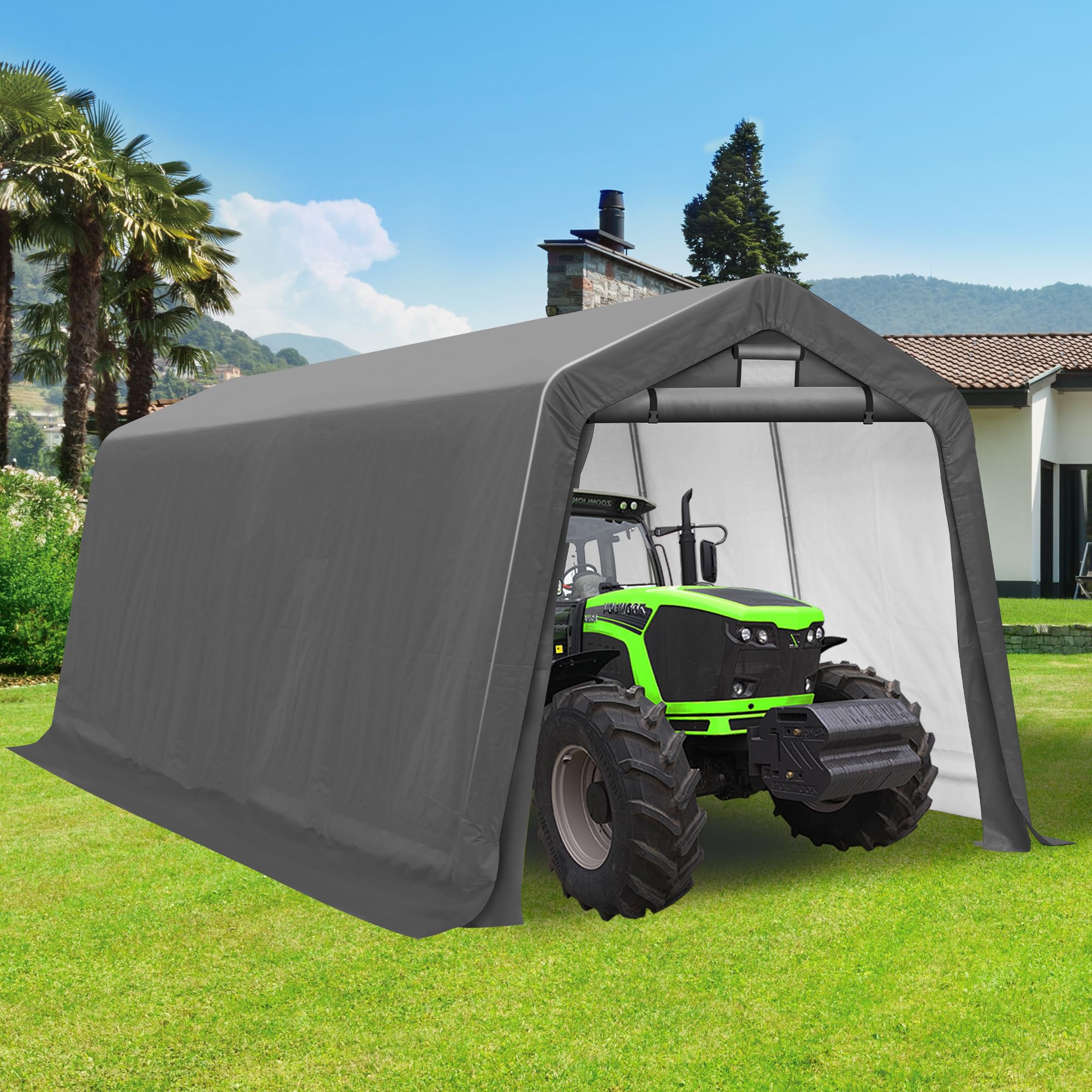 7x12 Ft Waterproof Outdoor Storage Shelter - Portable Shed with Roll-up Zipper Door & Ventilated Windows for Motorcycle, Bike, Tools - Perfect for Garage, Backyard & RV Storage