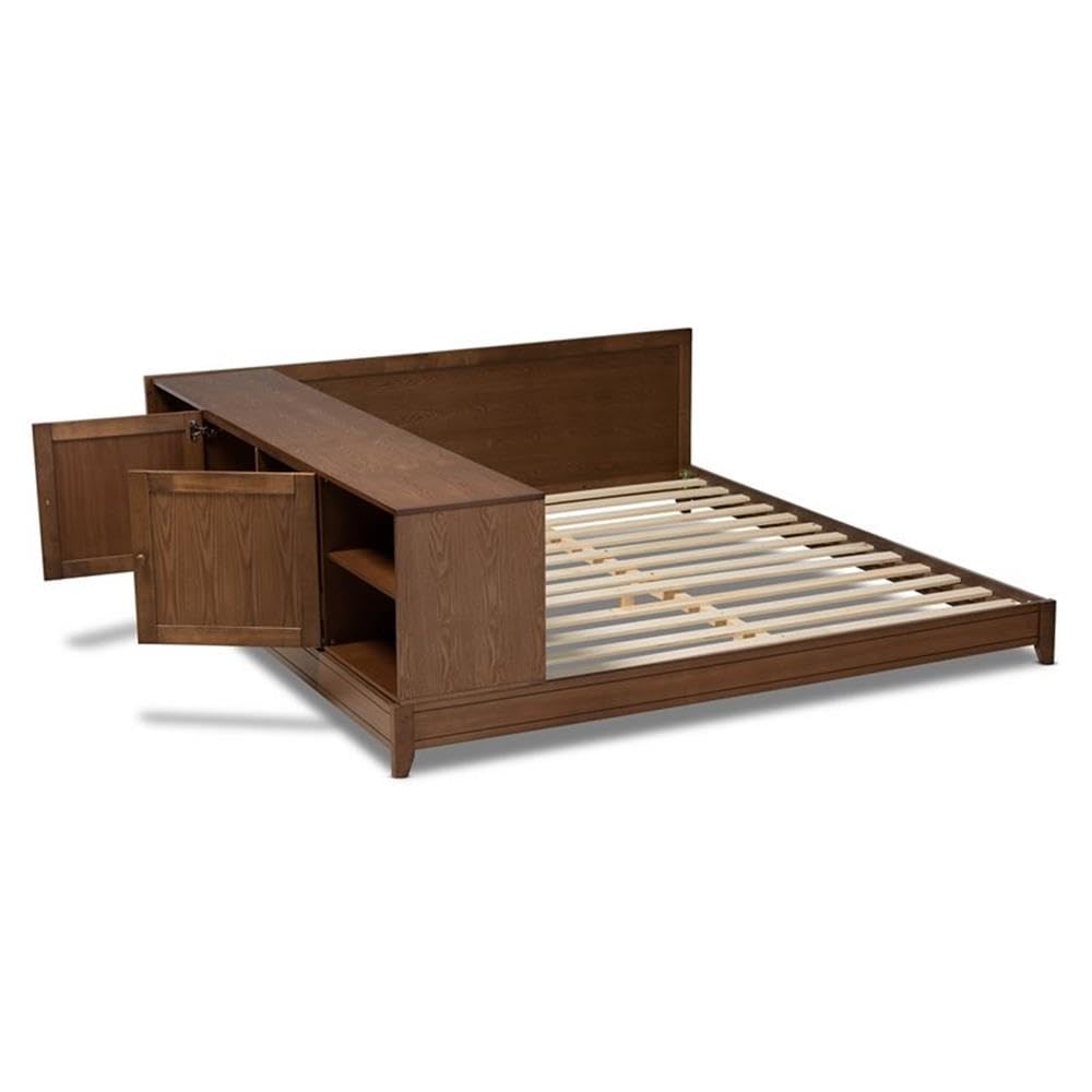 BOWERY HILL Queen Size Platform Storage Bed - Solid Walnut Brown Wood Frame with Underbed Storage | Modern Bedroom Furniture for Small Spaces & Guest Rooms