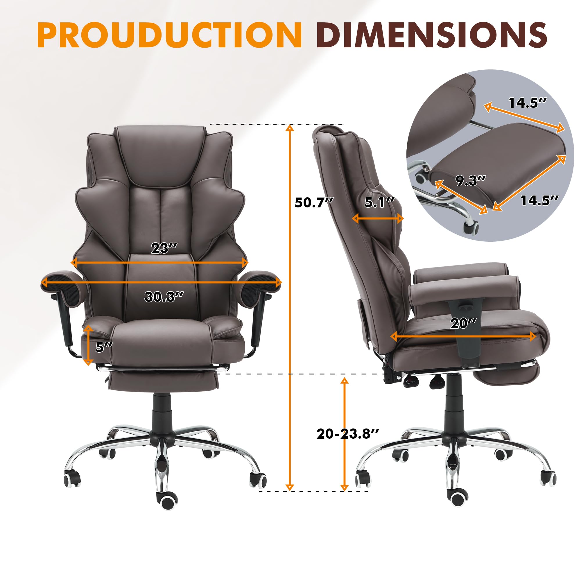 HOMREST 6-Point Massage Executive Office Chair with Heating - Ergonomic Leather Computer Desk Chair, Adjustable Armrests, Retractable Footrest & Reclining Function (Chocolate Brown) - Perfect for Home Office, Gaming & Workspace Comfort
