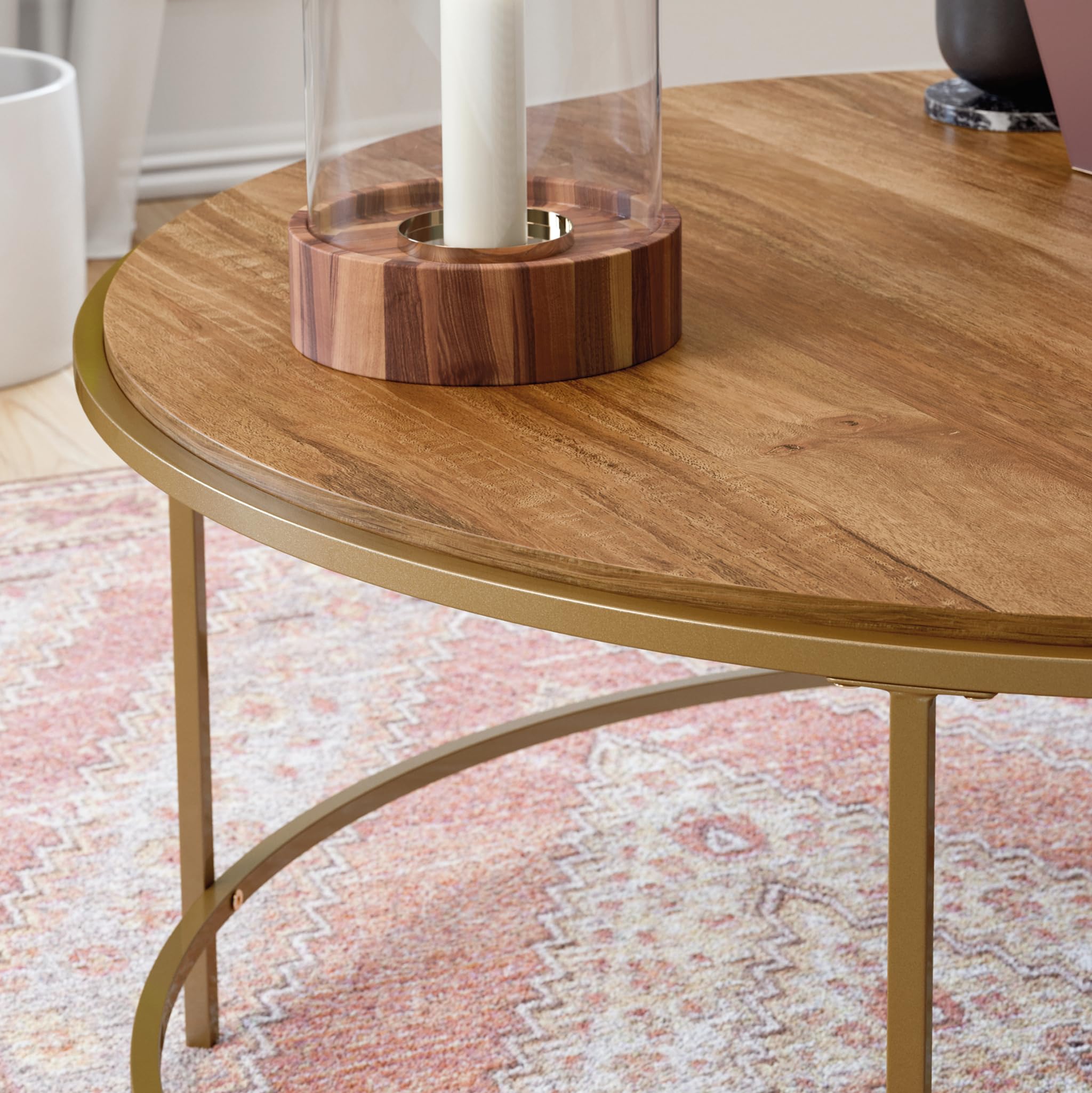 Sauder International Lux Round Modern Coffee Table with Chic Satin Gold Frame & Sindoori Mango Finish - Perfect for Living Room, Lounge, and Office Decor