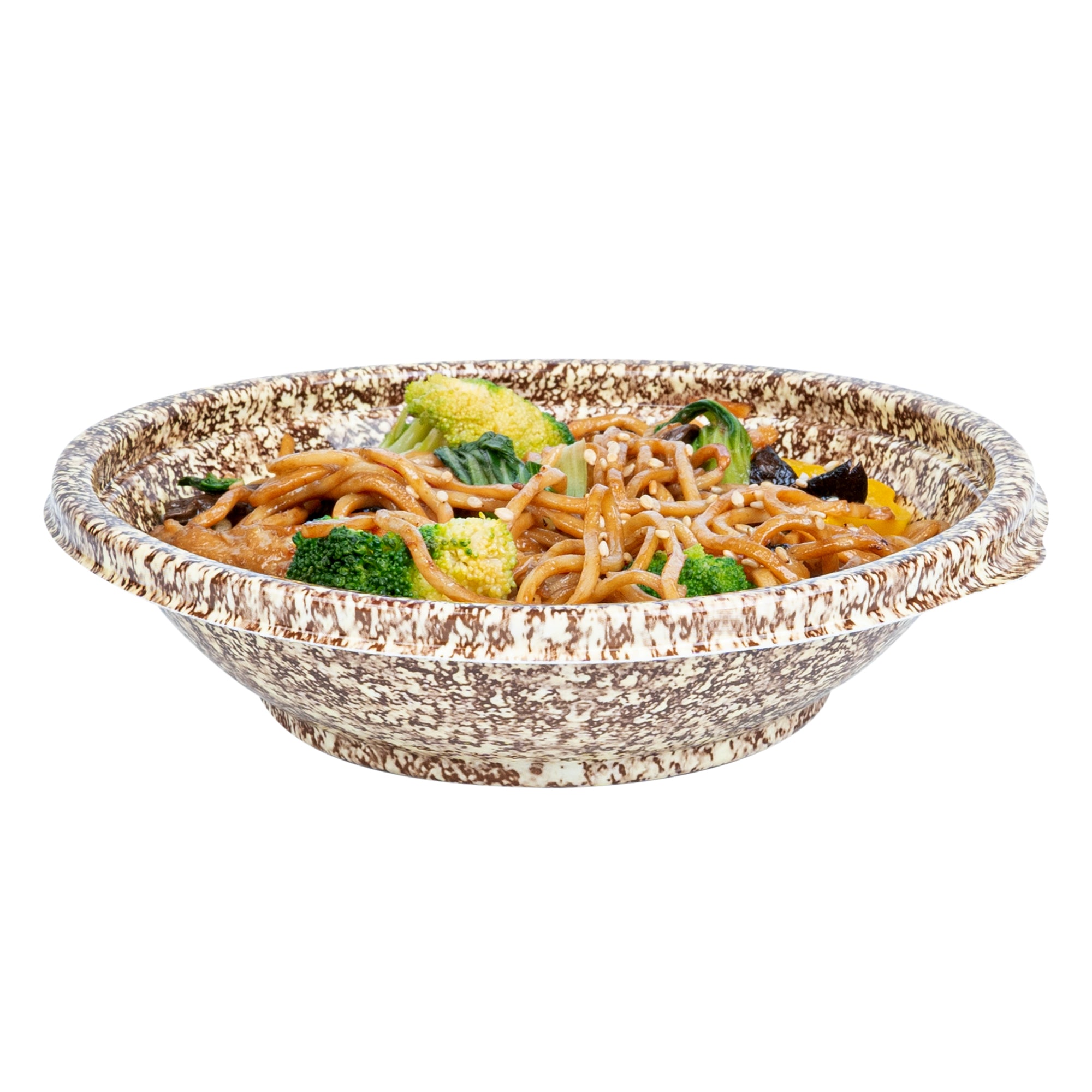 Bento Tek 10 oz Round Brown & White Plastic Asian Style Microwave-Safe Bowl - 6.75 x 6.75 x 1.5 Inches - Pack of 400 - Perfect for Meal Prep, Takeout, and Restaurant Use
