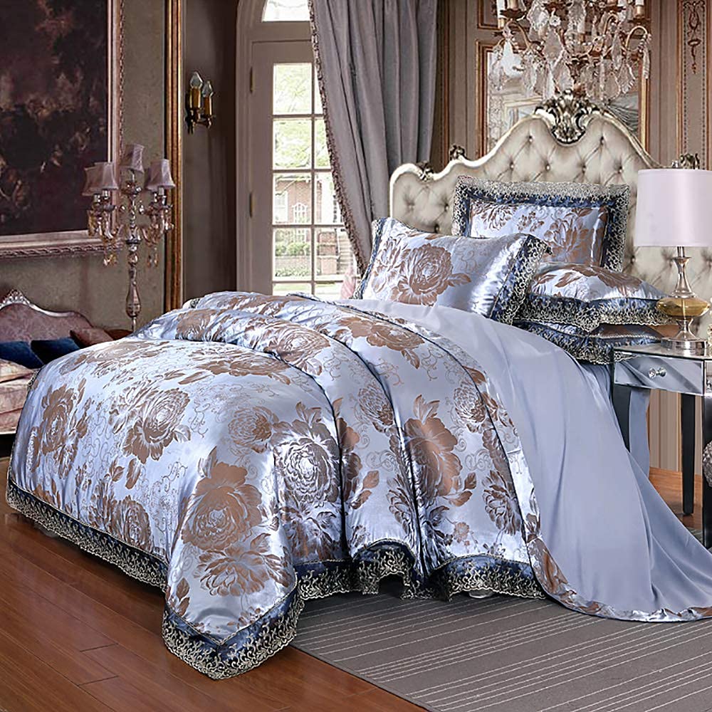 FMOGG Silk & Cotton King Bedding Set - Blue & Gold Jacquard Duvet Covers for Luxury Bedrooms