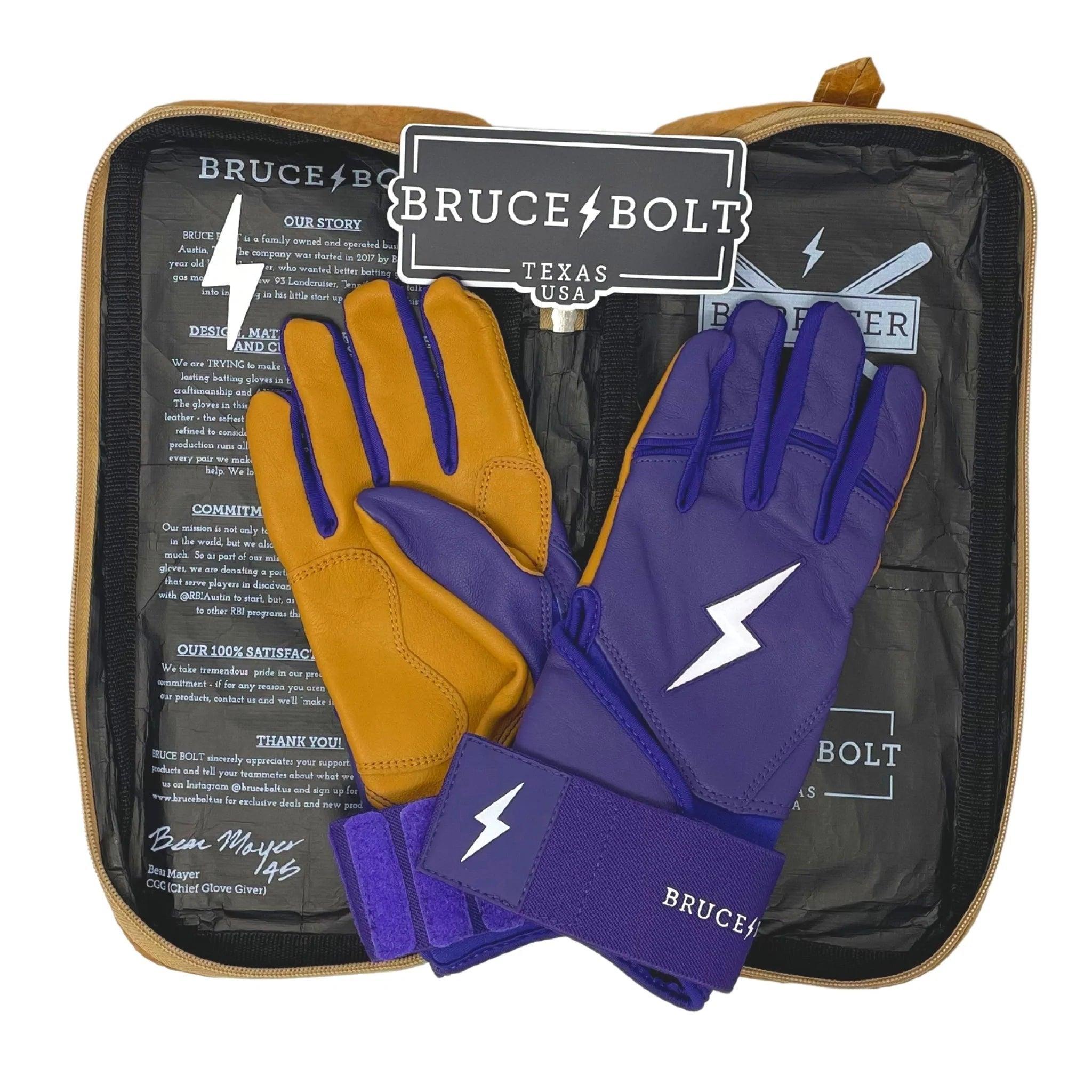 Bruce Bolt PREMIUM PRO Long Cuff Batting Gloves for Baseball & Softball - Purple Performance Gloves for Hitting, Training & Games - Durable & Comfortable Grip for Players