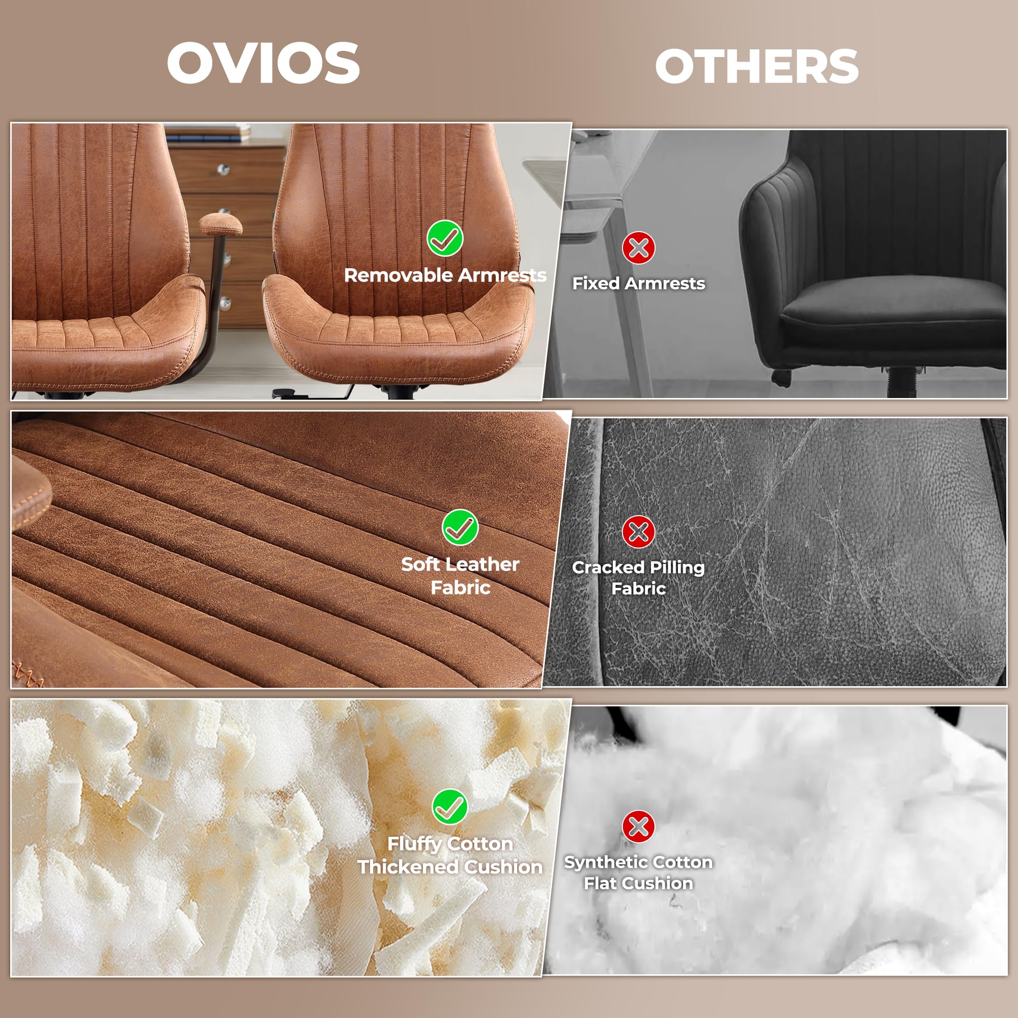 Ovios Mid Century Modern Office Chair with Lumbar Support - Ergonomic High Back Executive Chair with Swivel Wheels, Brown Suede Leather - Perfect for Home Office, Conference Rooms & Workspaces