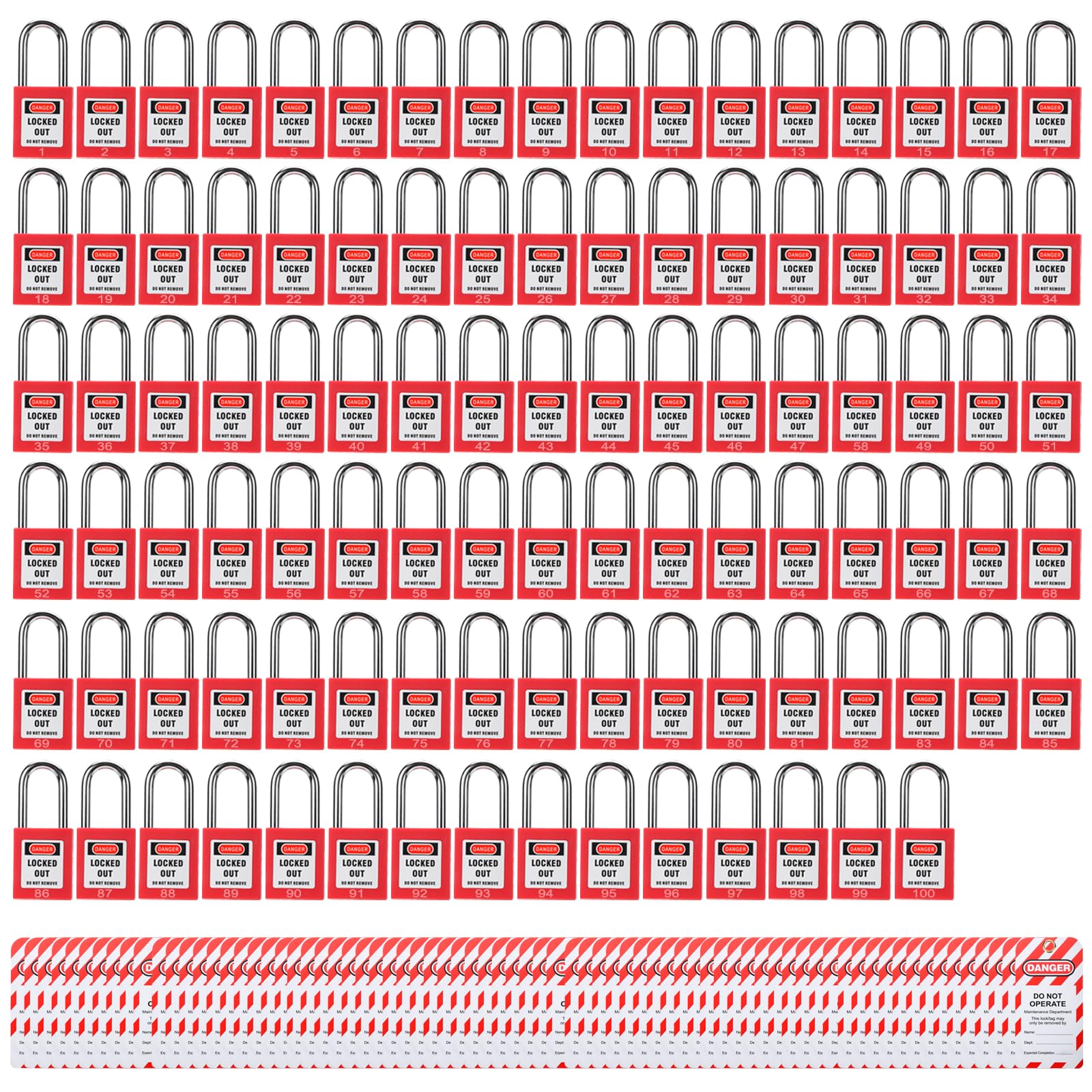 **100pcs Lockout Tagout Locks & 100pcs Safety Tags - Keyed Differently with 2 Keys Per Lock - OSHA Compliant LOTO Padlocks Set for Industrial Safety (Red 1-100) - Perfect for Lockout Tagout Stations, Electrical Panels & Machine Maintenance**