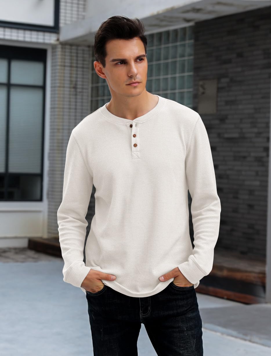 Men's Waffle Long Sleeve Henley Shirt - Soft Thermal Casual Button-Up Top for Fall & Winter Layering | Perfect for Outdoor Activities, Date Nights & Workwear
