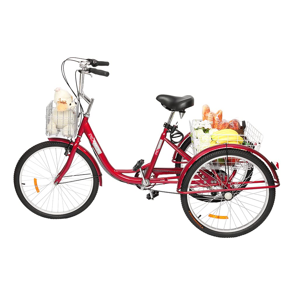 PEXMOR 24/26 Inch 7-Speed Adult Tricycle for Women, Men & Seniors - 3 Wheel Cruiser Bike with Folding Front & Rear Basket - Perfect for Shopping, Recreation, Picnics & Outdoor Activities