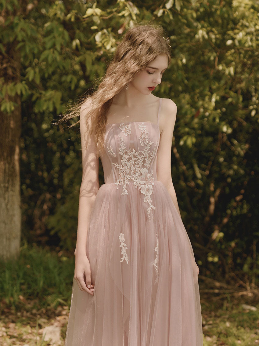 Elegant Pink Tulle Lace Tea-Length Prom Dress | Vintage Lace Evening Gown for Homecoming, Wedding Guest & Special Occasions