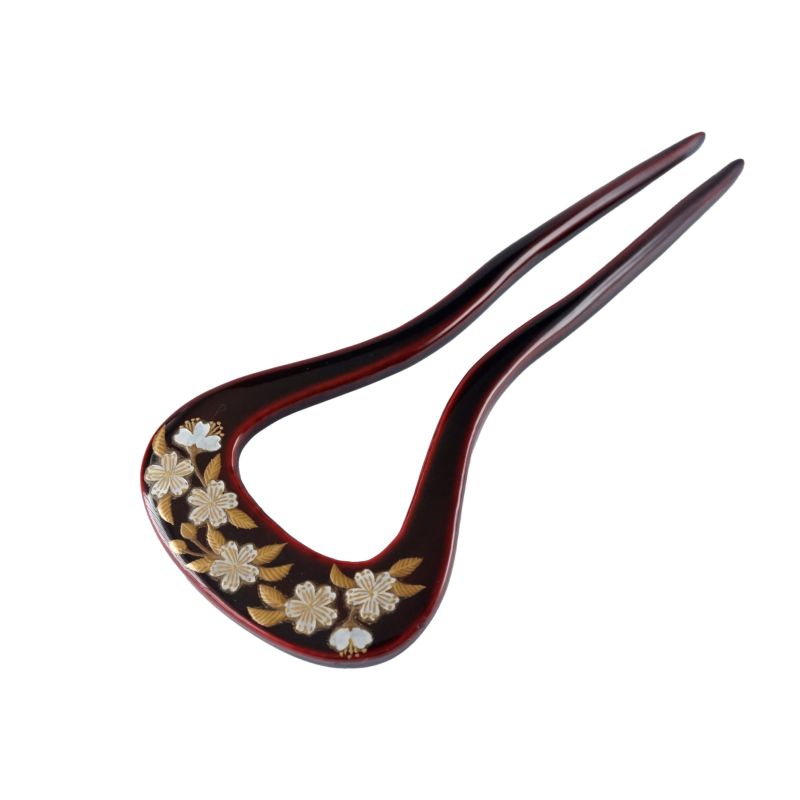 Handmade Kyoto Japanese Kanzashi Hairpin - Pure Gold Maki-e Urushi Lacquer & Raden Mother of Pearl Inlay Cherry Blossom Design | Traditional Hair Ornament for Weddings, Tea Ceremonies & Cultural Events