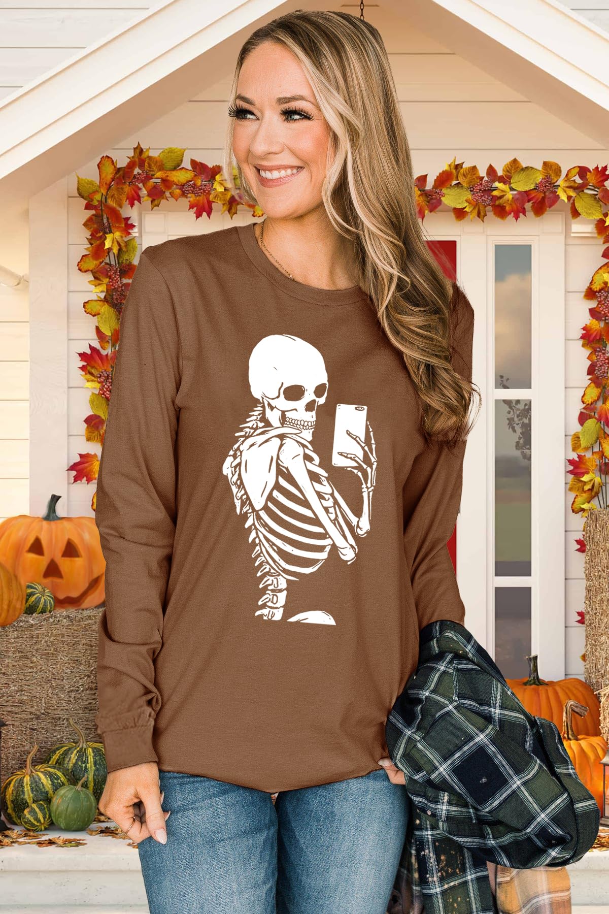 Witch Way to The Wine Halloween Long Sleeve Shirt for Women - Casual Loose Fit Fall Tops | Funny Wine Lover Costume & Autumn Party Outfit