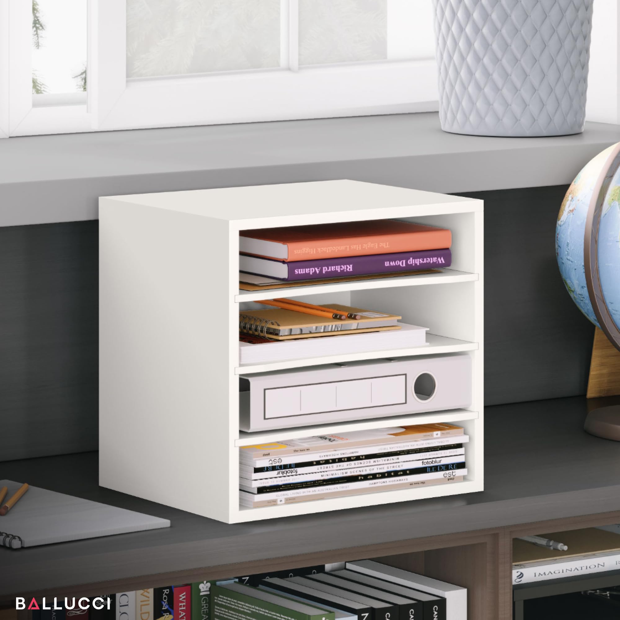 Ballucci 4-Tier Stackable Paper Organizer Tray - White Desk Storage Shelves for Letter, Documents & Files - Perfect for Office, Classroom & Home Workspace Organization