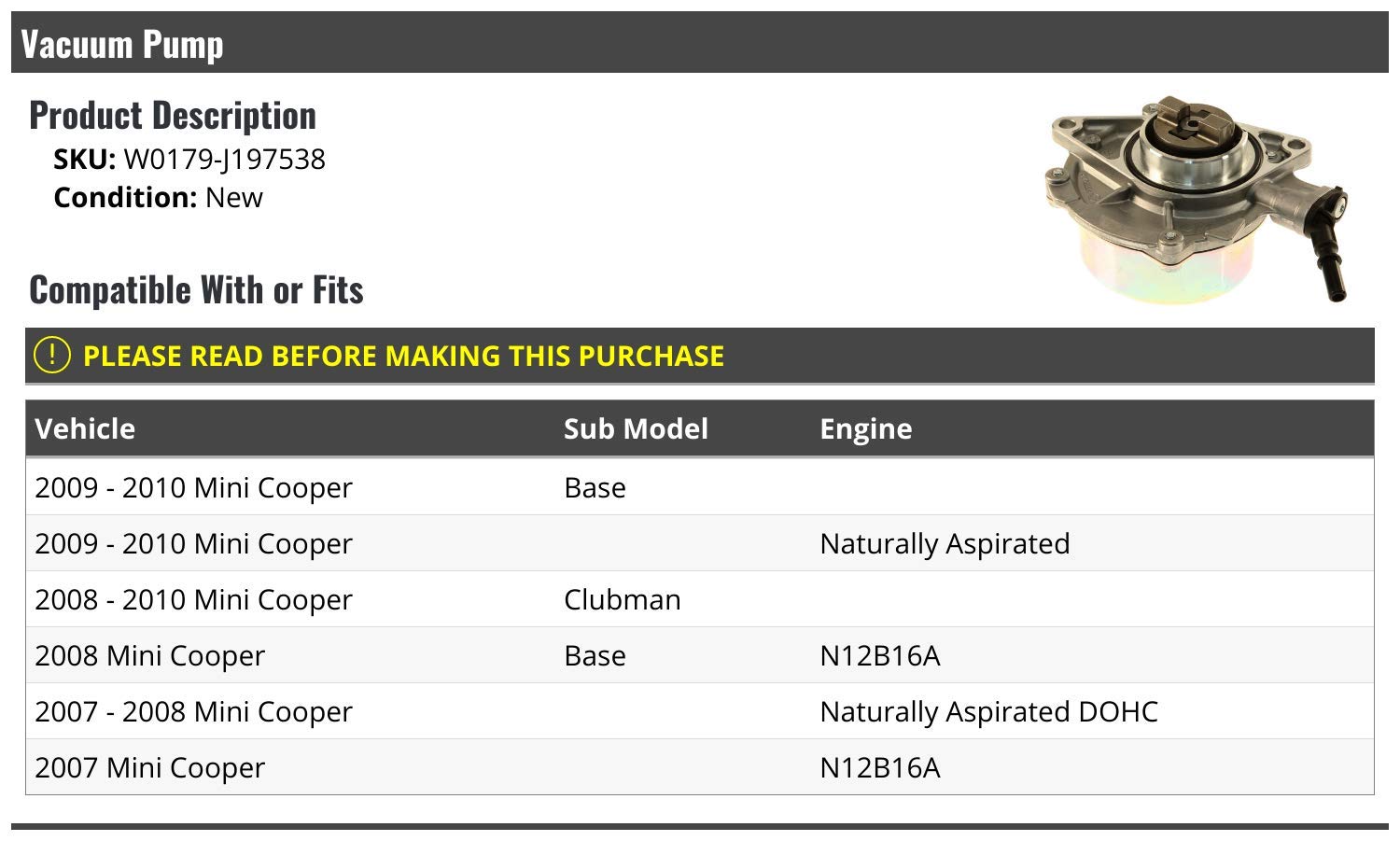 Mini Cooper Vacuum Pump 2007-2010 - Engine Boost & Brake Support