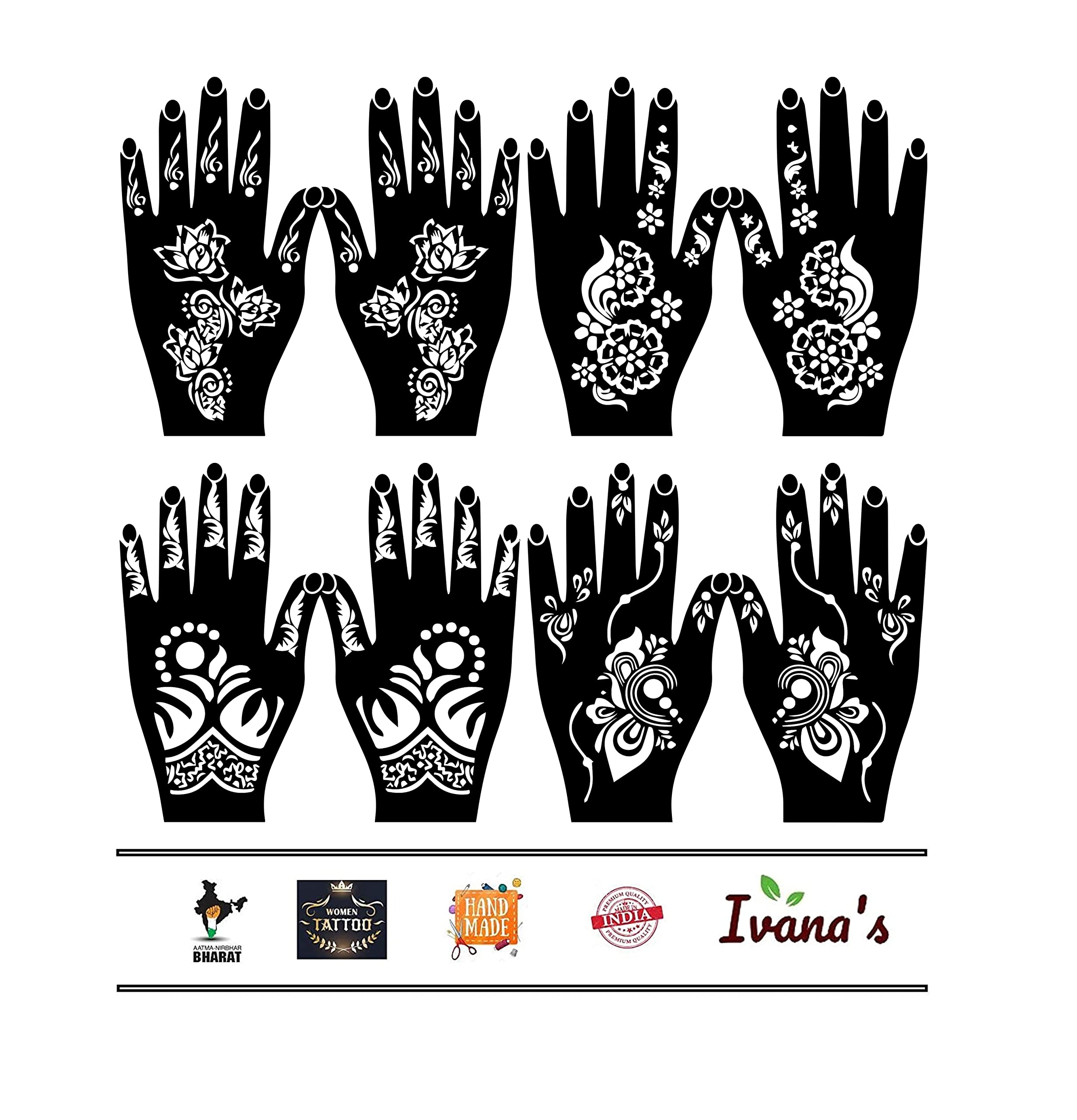 Set of 8 Henna Tattoo Stencils for Women, Girls & Kids | Mehandi Hand Design Templates | Reusable Temporary Tattoo Kit (MT-09) | Perfect for Parties, Weddings & Festive Celebrations