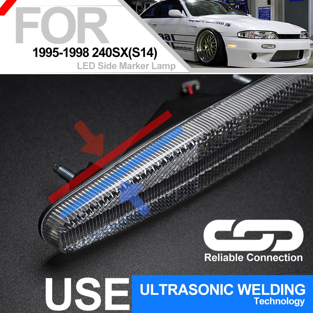 Amber LED Side Marker Lights for Nissan 240SX (S14) 1995-1998 - Clear Lens Front Bumper Turn Signals & Side Repeater Assembly - Perfect for Car Customization, Night Driving Safety, and Vehicle Upgrades