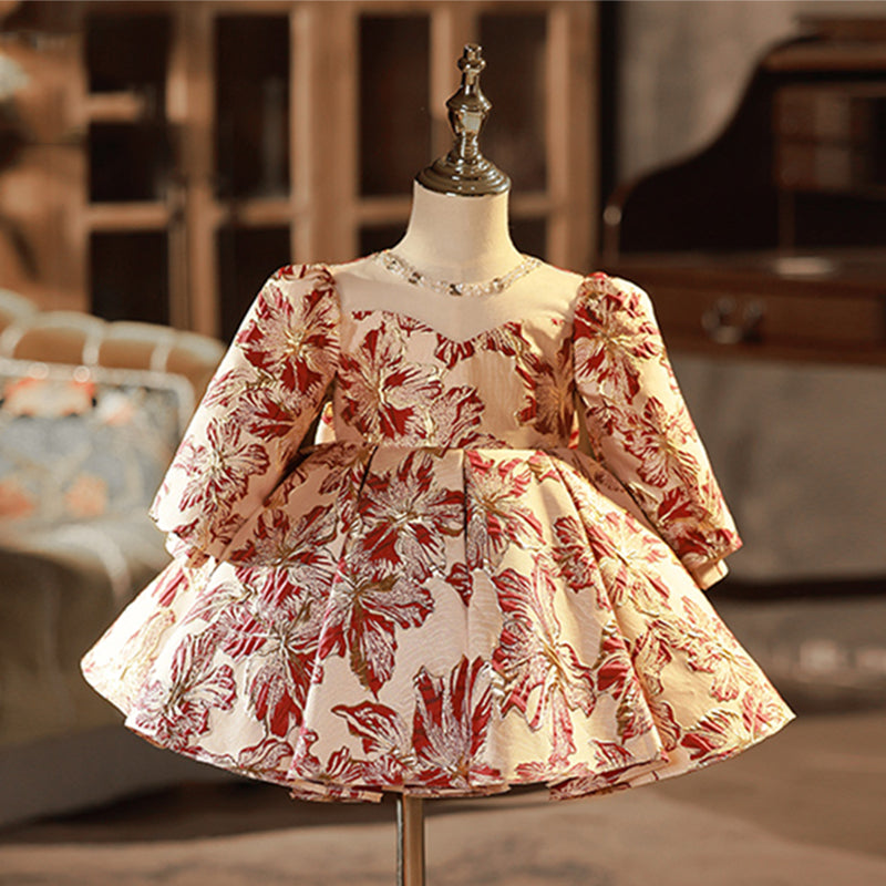Red Satin A-Line Flower Girl Dress with Round Neck & Lantern Sleeves - Perfect for Weddings, Pageants & Special Occasions